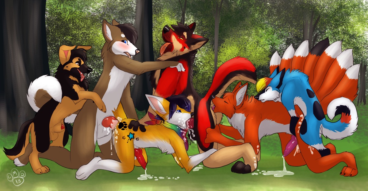 2013 all_fours anal anal_orgasm anal_penetration animal_genitalia animal_penis anthro anthro_on_feral anthro_penetrated anthro_rimming_anthro balls bestiality black_hair blondefoxy blue_body blue_fur blush bodily_fluids brown_body brown_fur canid canine canine_genitalia canine_penis canis clothing colorful_theme cum cum_in_ass cum_in_mouth cum_inside cum_while_rimmed cum_while_rimming detailed_background digital_drawing_(artwork) digital_media_(artwork) doggystyle domestic_dog e621 ejaculation erection eyes_closed fellatio fennec_fox feral feral_penetrating feral_penetrating_anthro forest fox from_behind_position fur genital_fluids genitals gloves_(marking) group group_sex hair hands-free interspecies kerchief kneeling knot male male/male male_penetrated male_penetrating male_penetrating_male mammal markings multi_tail nature nude oral oral_penetration oral_sandwich orgasm orgy outside penetration penile penis penis_tip plant rainbow raised_tail rimming rimming_while_penetrated sex sheath spitroast tail tongue tongue_out train_position tree true_fox