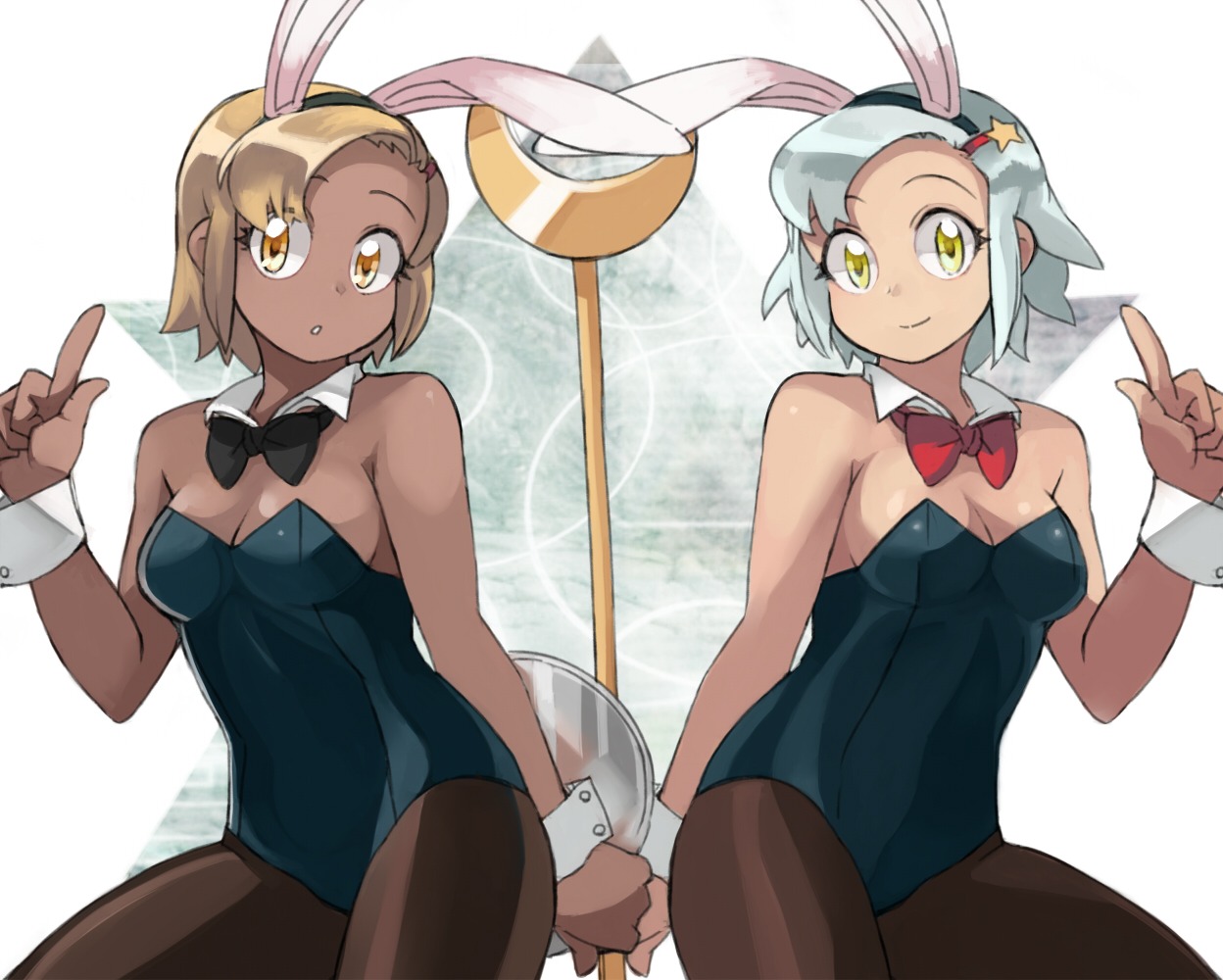 angol_mois animal_ear breasts bunny_ear bunny_girl bunnysuit cleavage dark_skin dual_persona female female_only keroro_gunsou multiple_females multiple_girls nekogasuki pantyhose rule34 symmetry wrist_cuffs