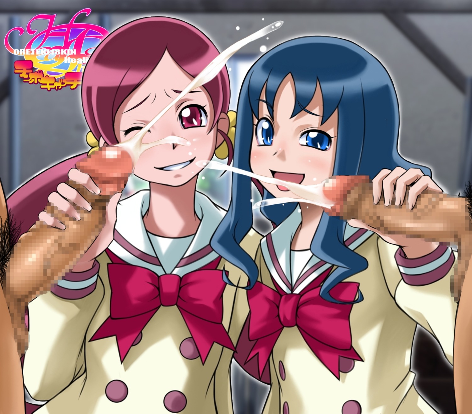 2girls blue_eyes blue_hair bowtie censored clothing cum ejaculation erika_kurumi female handjob heartcatch_precure! heartcatch_pretty_cure! highres long_sleeves male multiple_females multiple_girls one_eye_closed open_mouth oreteki penis pink_eyes pink_hair precure pretty_cure pubic_hair rule34 tsubomi_hanasaki unseen_male_face