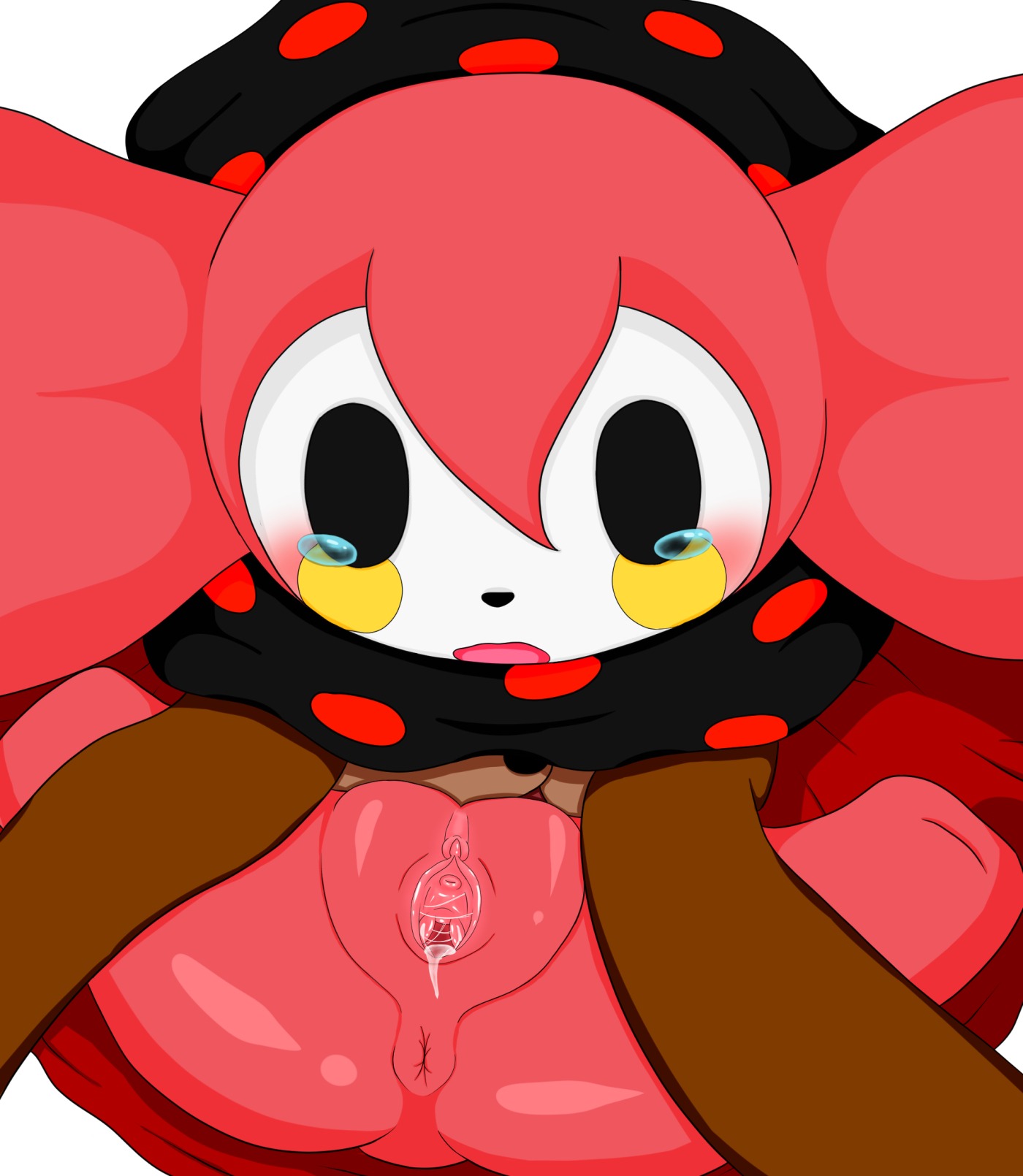 anus blush bodily_fluids charlotte_(puella_magi_madoka_magica) e621 female genital_fluids genitals hi_res humanoid looking_at_viewer macrocarpa puella_magi puella_magi_madoka_magica smile solo spread_legs spread_vulva spreading stare tears vaginal_fluids vulva witch_(puella_magi)
