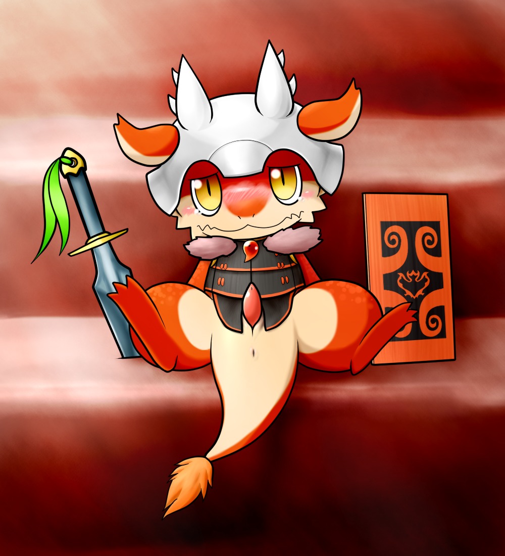 alternate_version_at_source animal_genitalia anthro anus armor beads big_eyes blush bm_proto_06 chibi clothed clothing dragon e621 erection fire firon_(puzzle_and_dragons) flaming_tail front_view genital_slit genitals looking_at_viewer magatama male melee_weapon mythological_creature mythological_scalie mythology orange_body orange_scales partially_clothed penis presenting presenting_penis puzzle_and_dragons red_body red_scales scales scalie solo spread_legs spreading sword tail tapering_penis weapon