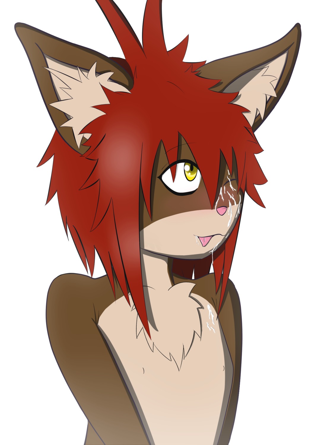 anthro blush bodily_fluids brown_body brown_fur cum cum_on_face domestic_cat e621 eyeliner felid feline felis femboy fur genital_fluids hair hi_res makeup male mammal mordecai_(petkitten) petkitten red_hair simple_background solo tongue yellow_eyes