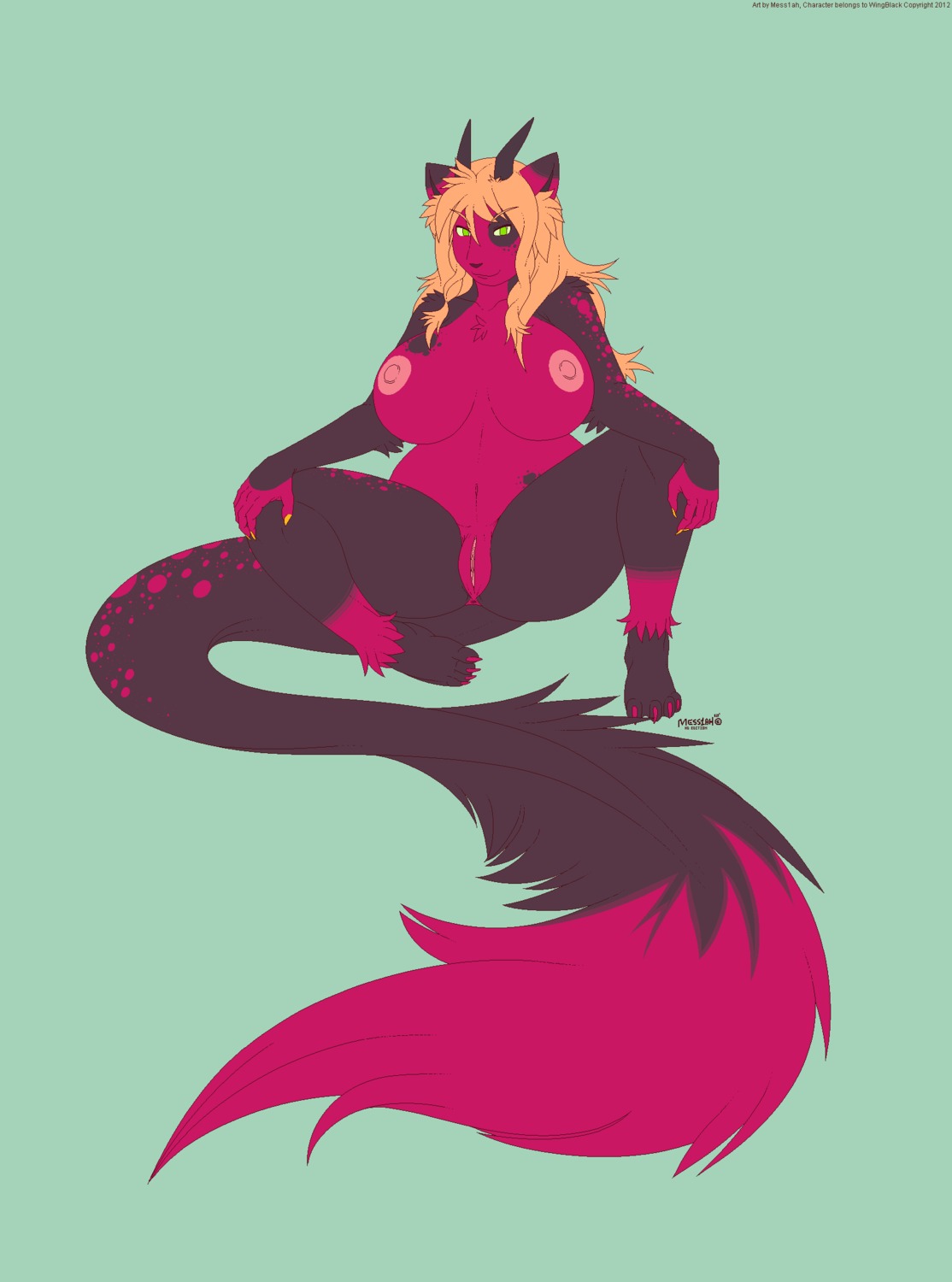 big_breasts blonde_hair breasts claws copyright_symbol dipstick_tail domestic_cat e621 english_text felid feline felis female genitals gwen_(character) hair hi_res horn huge_breasts long_hair long_tail looking_at_viewer mammal markings mess1ah nipples nude solo symbol tail tail_markings tail_tuft text thick_tail tuft vulva