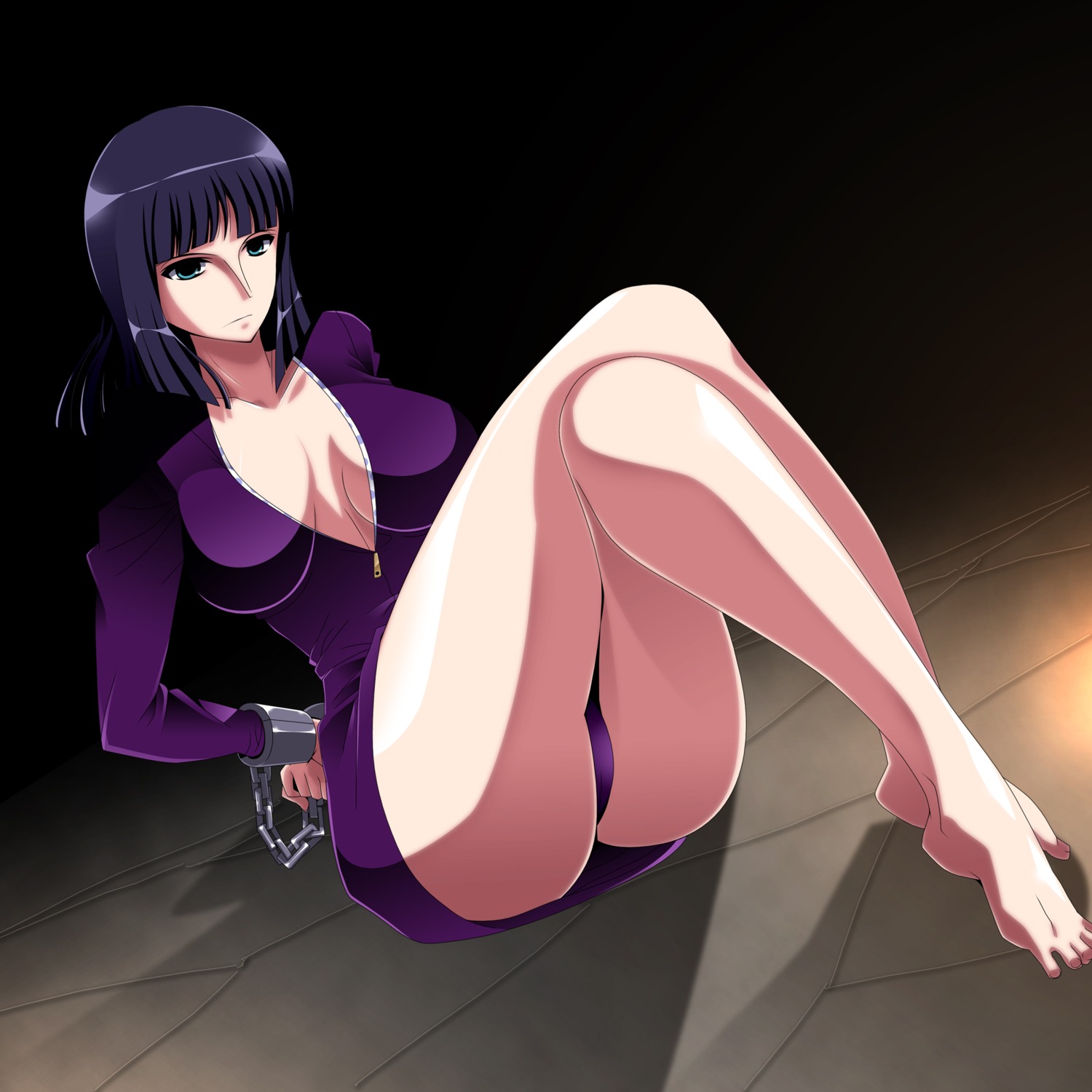 ariyon arms_behind_back black_hair bondage bound_arms clothing crossed_legs cuffs female female_only green_eyes highres legs legs_crossed nico_robin one_piece panchira panchira_(sitting) panties pantyshot pantyshot_sitting pre-timeskip rule34 shackles sitting solo straight_hair underwear water_7