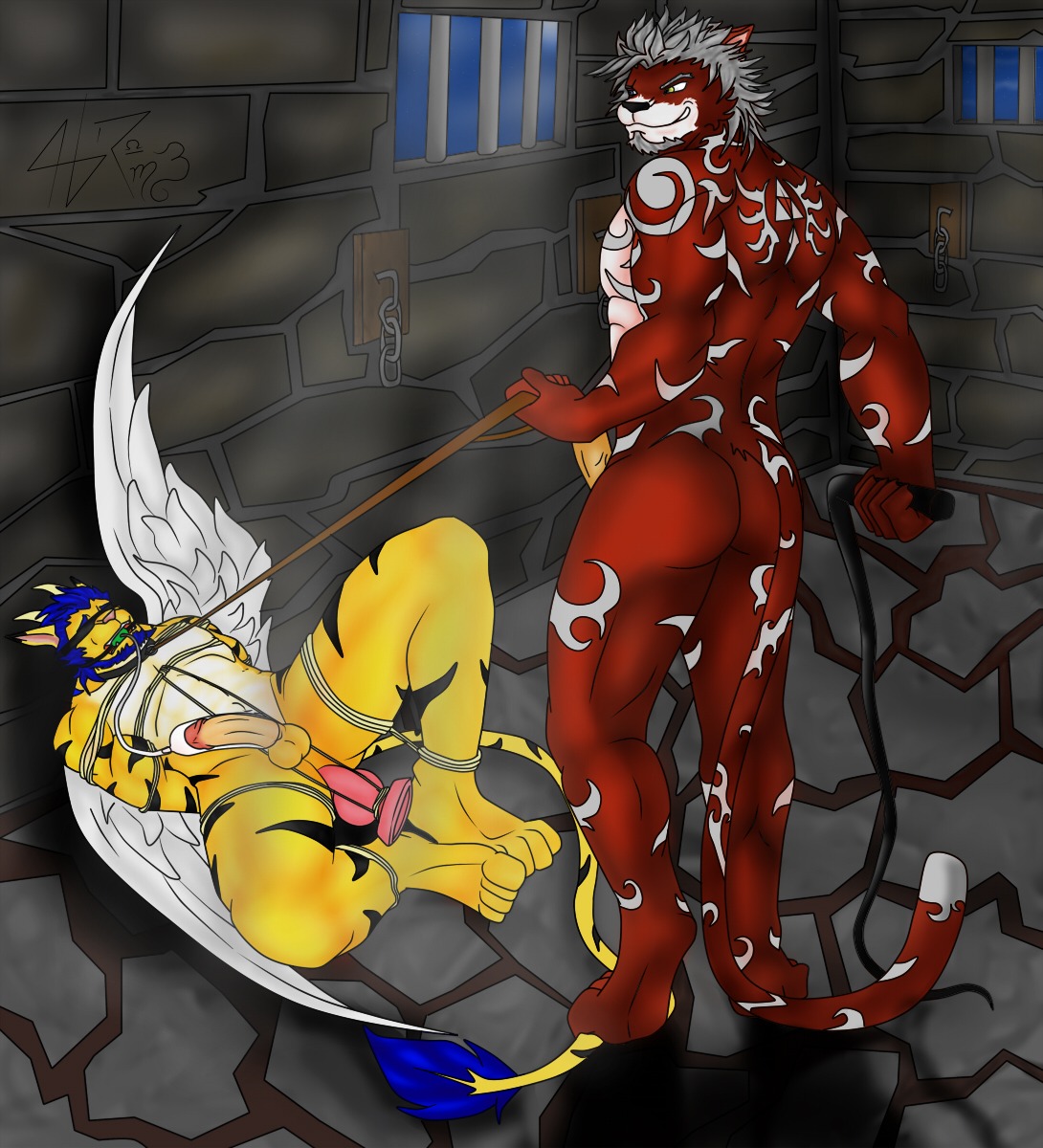 abs anal anal_masturbation anal_penetration anthro anthro_on_anthro anus arms_tied ball_gag balls bdsm beard biceps black_body black_fur black_nose blindfold blue_hair bondage bound butt collar dildo dominant dominant_male dungeon duo e621 erection facial_hair feathered_wings feathers felid frogtied fur gag gagged genitals green_eyes grey_body grey_fur grey_hair grin hair hands_behind_back hi_res horn hunter hunter_ramirez hunterramirez hybrid leash legs_tied lying male male/male male_penetrated male_penetrating male_penetrating_male mammal markings masturbation muscular nude on_back pantherine pecs penetration penis pose red_body red_fur restraints rope rope_bondage sex sex_toy smile spread_legs spreading standing stripes submissive submissive_male tail teeth tiger toying_partner whip wings yellow_body yellow_fur