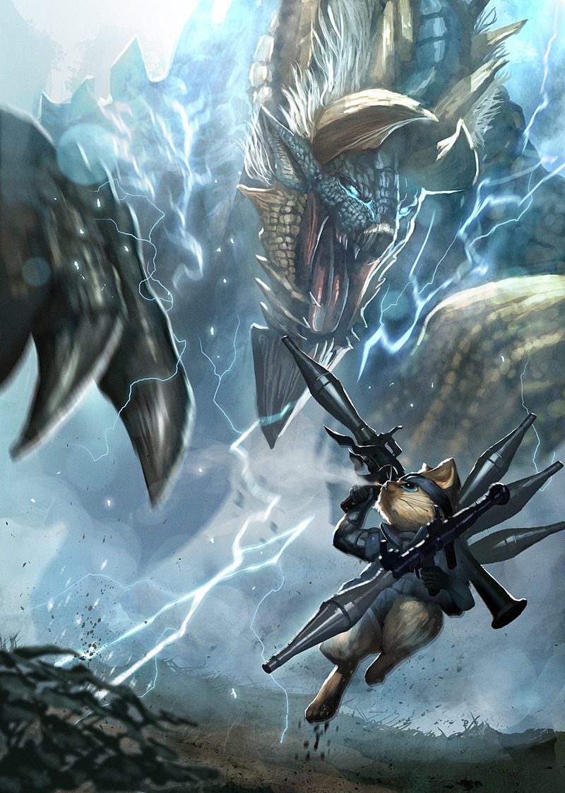 ambiguous_gender anthro battle biped blue_eyes capcom cigarette claws clothing crossover detailed detailed_background digital_media_(artwork) duo e621 electricity electrogenesis fanged_wyvern felid felyne feral fight glowing glowing_eyes hair horn jumping kerchief konami lightning looking_back lynian mammal metal_gear monster monster_hunter open_mouth outside ranged_weapon rocket_launcher scalie smoke smoking teeth toony vanipo weapon white_hair zinogre