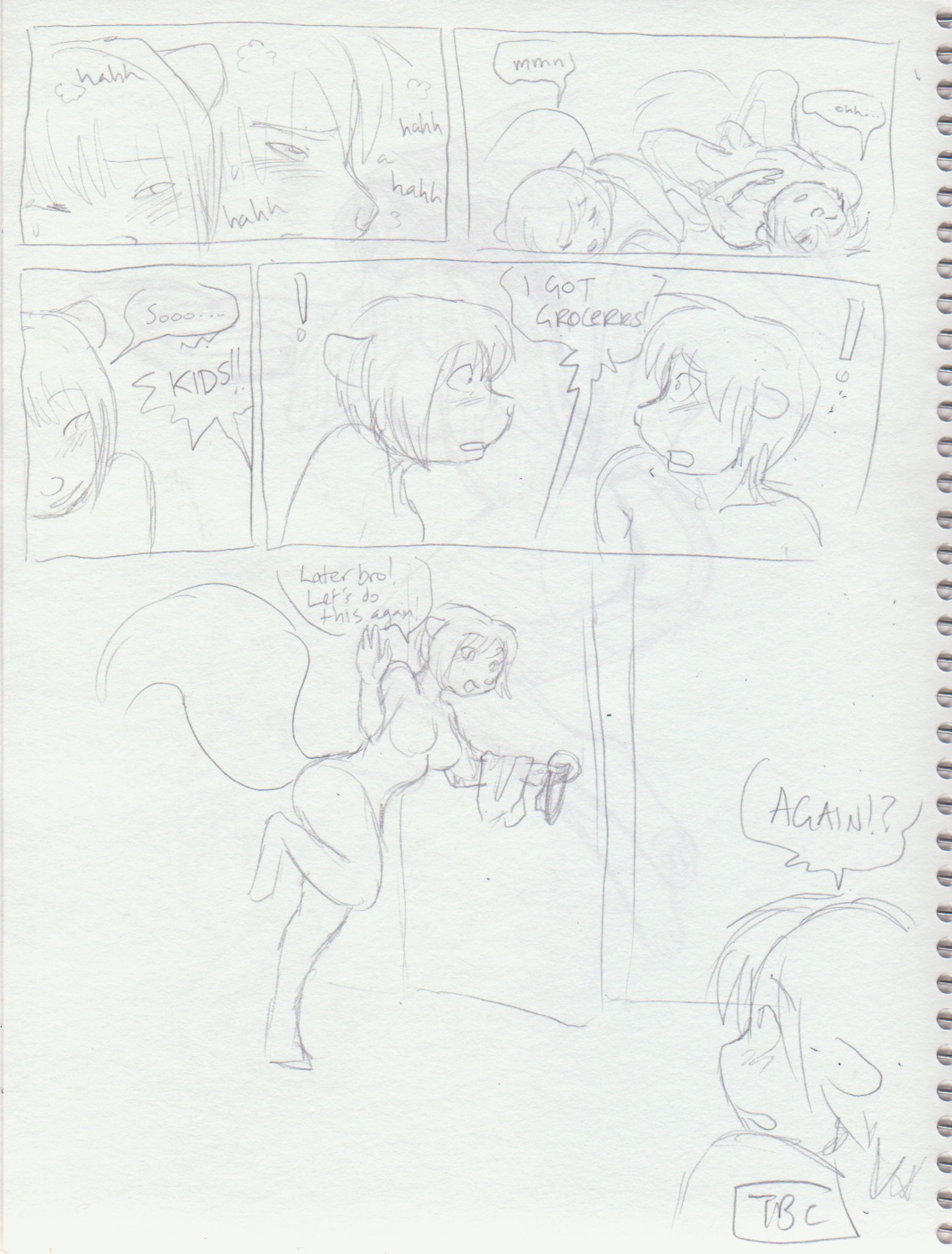 adolescent after_sex anthro black_and_white blockage_(layout) blush blush_lines bodily_fluids borderless_panel breasts breath brother_(lore) brother_and_sister_(lore) comic devon_(nikora_angeli) dialogue duo e621 english_text exclamation_point eye_contact eyes_closed female five_frame_image four_frame_staggered_grid genitals hair half-erect hi_res horizontal_blockage horizontal_staggering incest_(lore) intraspecies keri_(nikora_angeli) looking_at_another looking_pleasured male male/female mammal mephitid monochrome nikora_angeli nude panting penis pointy_speech_bubble short_hair sibling_(lore) sister_(lore) sketch skunk speech_bubble staggering_(layout) stated_incest surprised sweat tail text twincest_(lore) twins_(lore) young