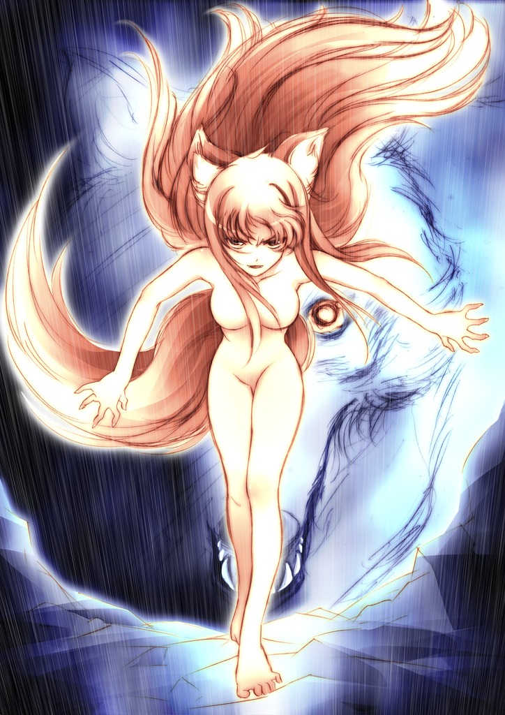 1girls animal_ears armpits barefoot breasts brown_hair completely_nude feet female holo long_hair night nude nude_female nudist outdoors outside pikuseru rule34 small_breasts spice_and_wolf tail toes wolf_ears