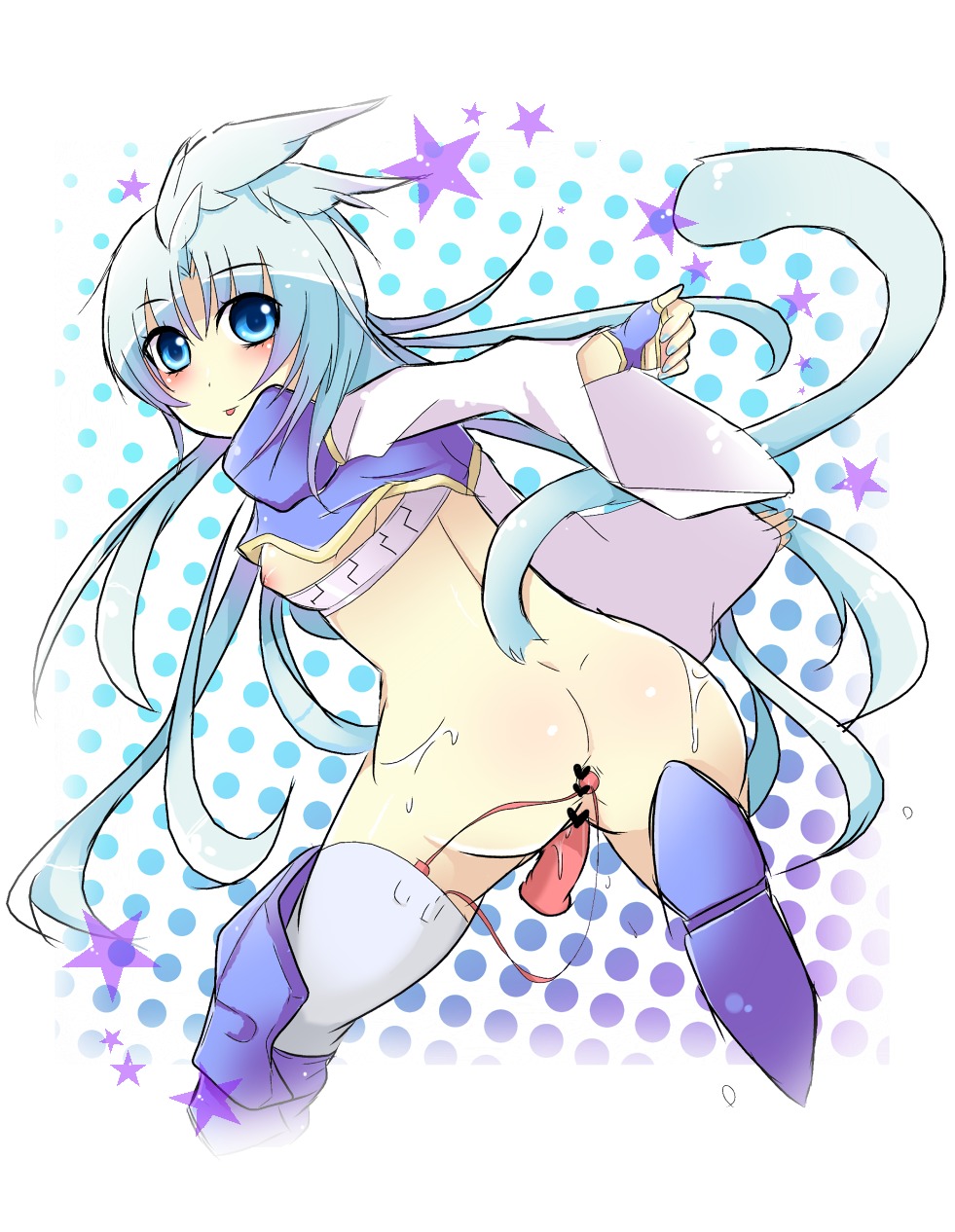 ass blue_eyes blue_hair breasts female female_kuja final_fantasy final_fantasy_ix fingerless_gloves flapper_shirt gloves highres insertion kuja long_hair looking_back masamune_(sky2943) nipples rule34 rule_63 solo straight_hair tail thighhighs tobinon vibrator