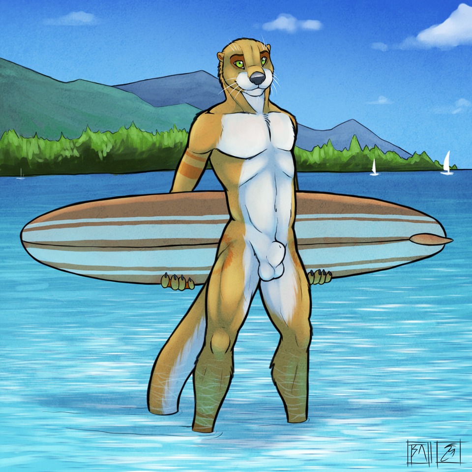 1:1 5_fingers animal_genitalia anthro balls biped boat claws cloud day e621 fingers foot_in_water front_view fully_sheathed fur genitals green_eyes holding_object holding_surfboard looking_at_viewer male mammal membrane_(anatomy) mountain mustelid neck_muscles nightclaw nude orange_body orange_fur otter outside partially_submerged sea sheath sky solo standing standing_in_water straight_legs submerged_tail surfboard tail tail_in_water tattoo tsaiwolf vehicle water watercraft webbed_hands whiskers white_body white_fur