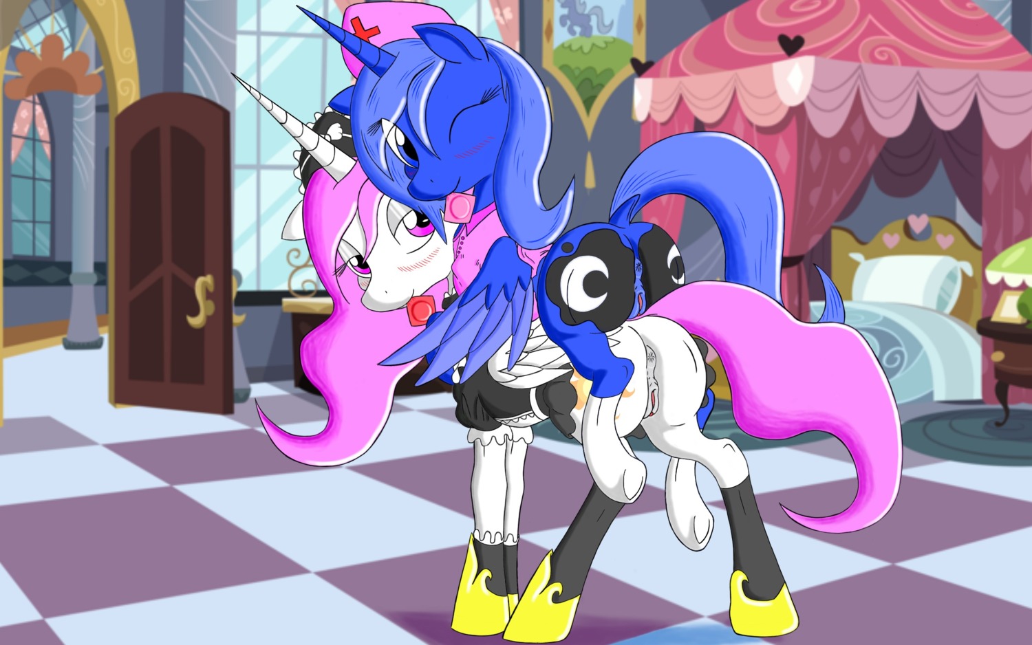 16:10 anus blue_body blue_feathers blush butt clothing condom condom_in_mouth cutie_mark detailed_background duo e621 equid equine feathered_wings feathers female feral friendship_is_magic genitals hasbro hi_res horn indirect_incest_(lore) inviting maid_uniform mammal mouth_hold my_little_pony mythological_creature mythological_equine mythology navanastra object_in_mouth one_eye_closed princess_celestia_(mlp) princess_luna_(mlp) seductive sexual_barrier_device sibling_(lore) sister_(lore) sisters_(lore) uniform vulva white_body white_feathers widescreen winged_unicorn wings wink