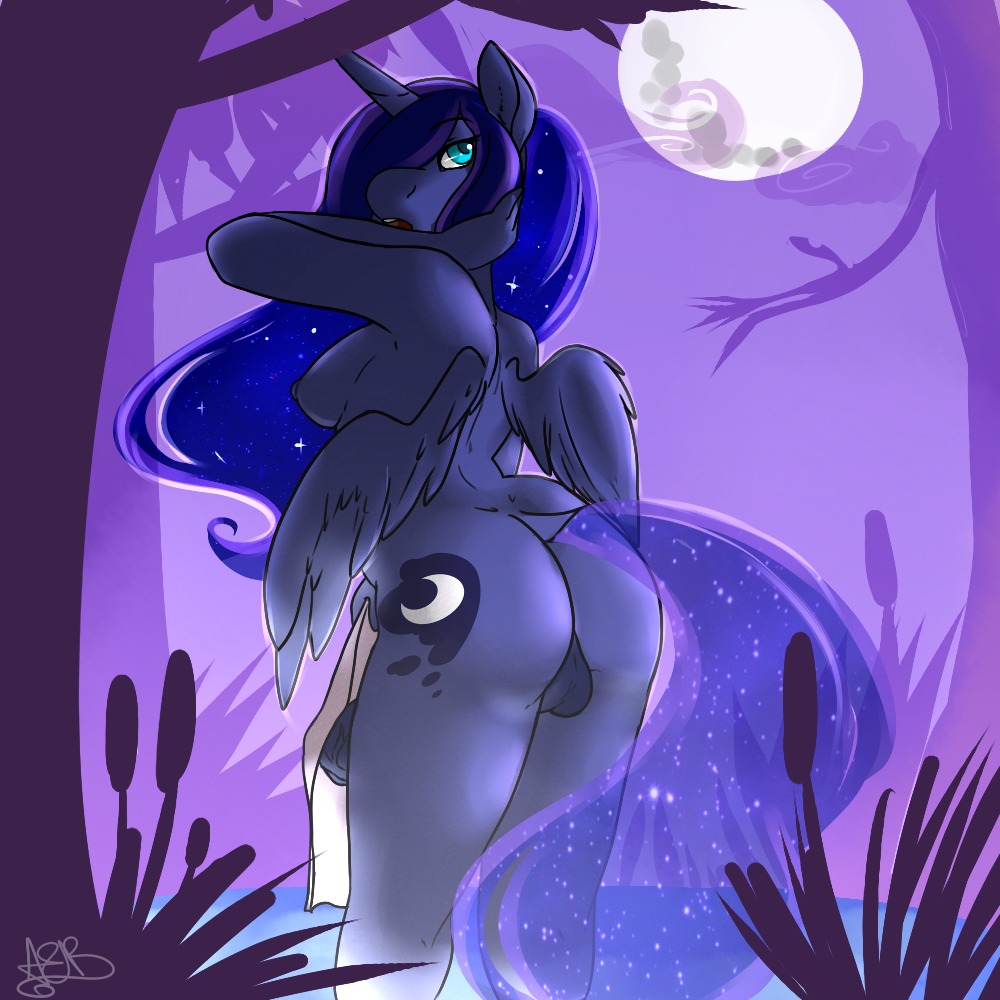 1:1 2014 animal_genitalia animal_penis anthro anthrofied anus backsack balls biped blue_body blue_eyes blue_feathers blue_fur blue_hair breasts butt cool_colors cutie_mark digital_media_(artwork) e621 equid equine equine_genitalia equine_penis feathered_wings feathers friendship_is_magic full_moon fur geeflakes genitals gynomorph hair hair_over_eye half-erect hasbro horn intersex looking_at_viewer looking_back mammal moon my_little_pony mythological_creature mythological_equine mythology night nipples one_eye_obstructed open_mouth outside penis princess_luna_(mlp) rear_view side_boob solo towel translucent translucent_hair winged_unicorn wings