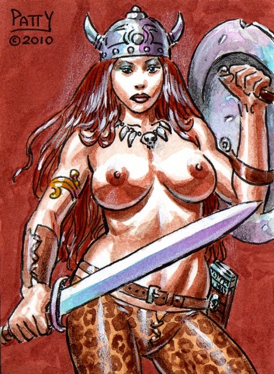 1girls 2010 breasts female female_only front_view human marvel marvel_comics pants red_sonja red_sonja_(comics) rule34 sean_patty shield solo sword tagme topless