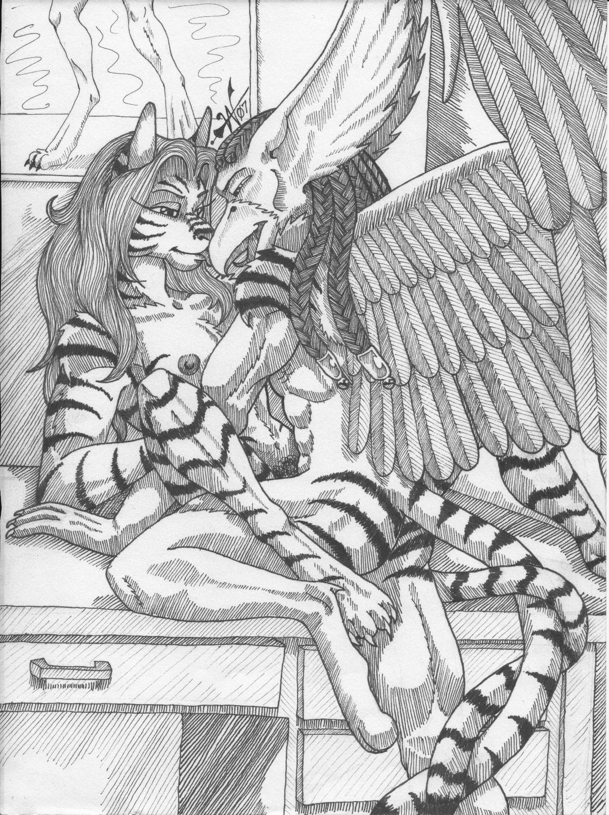 anthro avian beak breasts duo e621 eye_contact feathered_wings feathers felid female fur furniture greyscale gryphon hi_res interspecies looking_at_another male male/female mammal monochrome mythological_avian mythological_creature mythology nipples nude pantherine purplegriffin sex spread_legs spreading table tail tiger wings