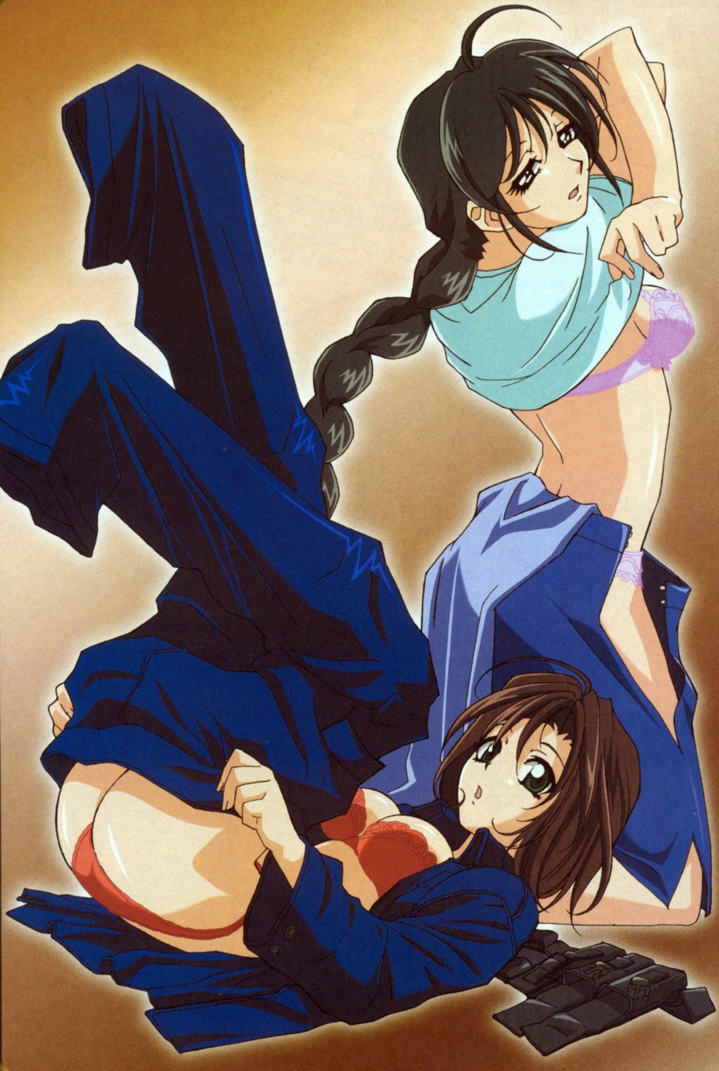 2girls 90s ass black_hair bra braid breasts brown_hair curvaceous duo female female_only glasses green_eyes highres human large_breasts light-skinned_female light_skin lingerie long_hair looking_at_viewer miyuki_kobayakawa multiple_females multiple_girls nakajima_atsuko natsumi_tsujimoto official_art panties police police_uniform policewoman red_bra red_panties rule34 short_hair strip taiho_shichauzo underwear undressing weapon wide_hips