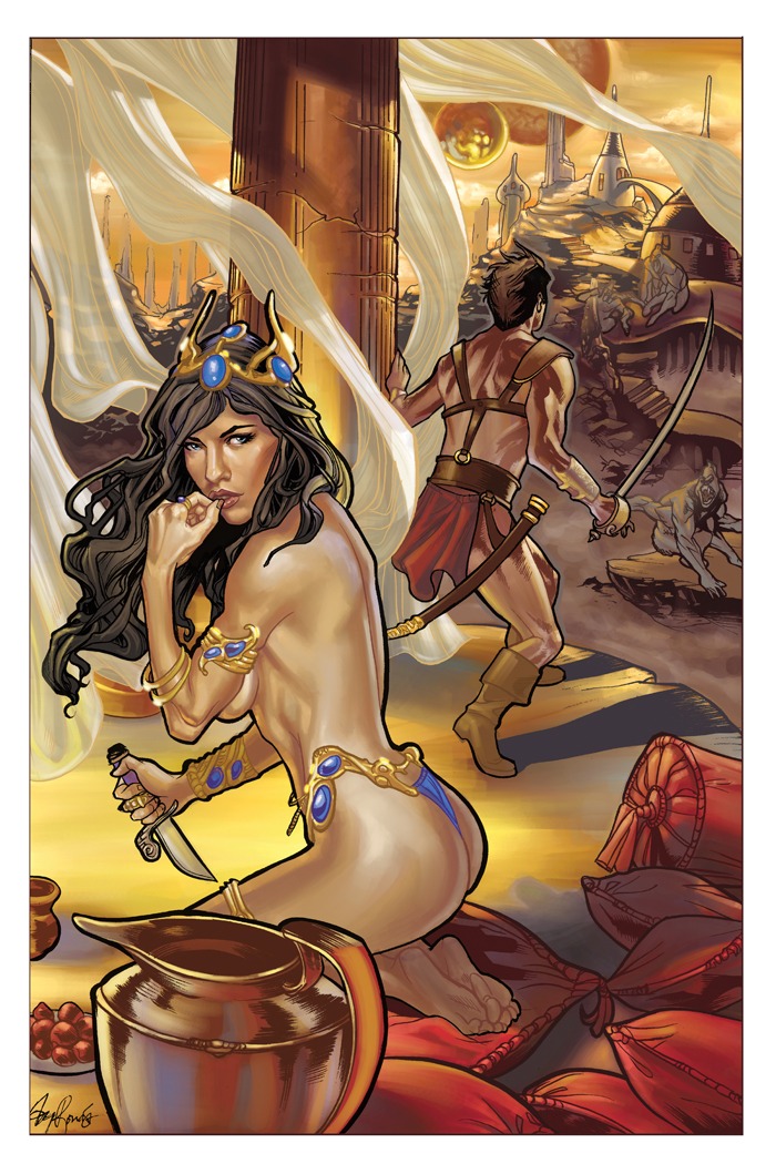 1boy 1girls a_princess_of_mars barefoot barsoom blue_eyes breasts comic dejah_thoris fantasy feet female jewelry john_carter long_hair looking_at_viewer male rule34 sideboob soles sword toes topless ty_romsa