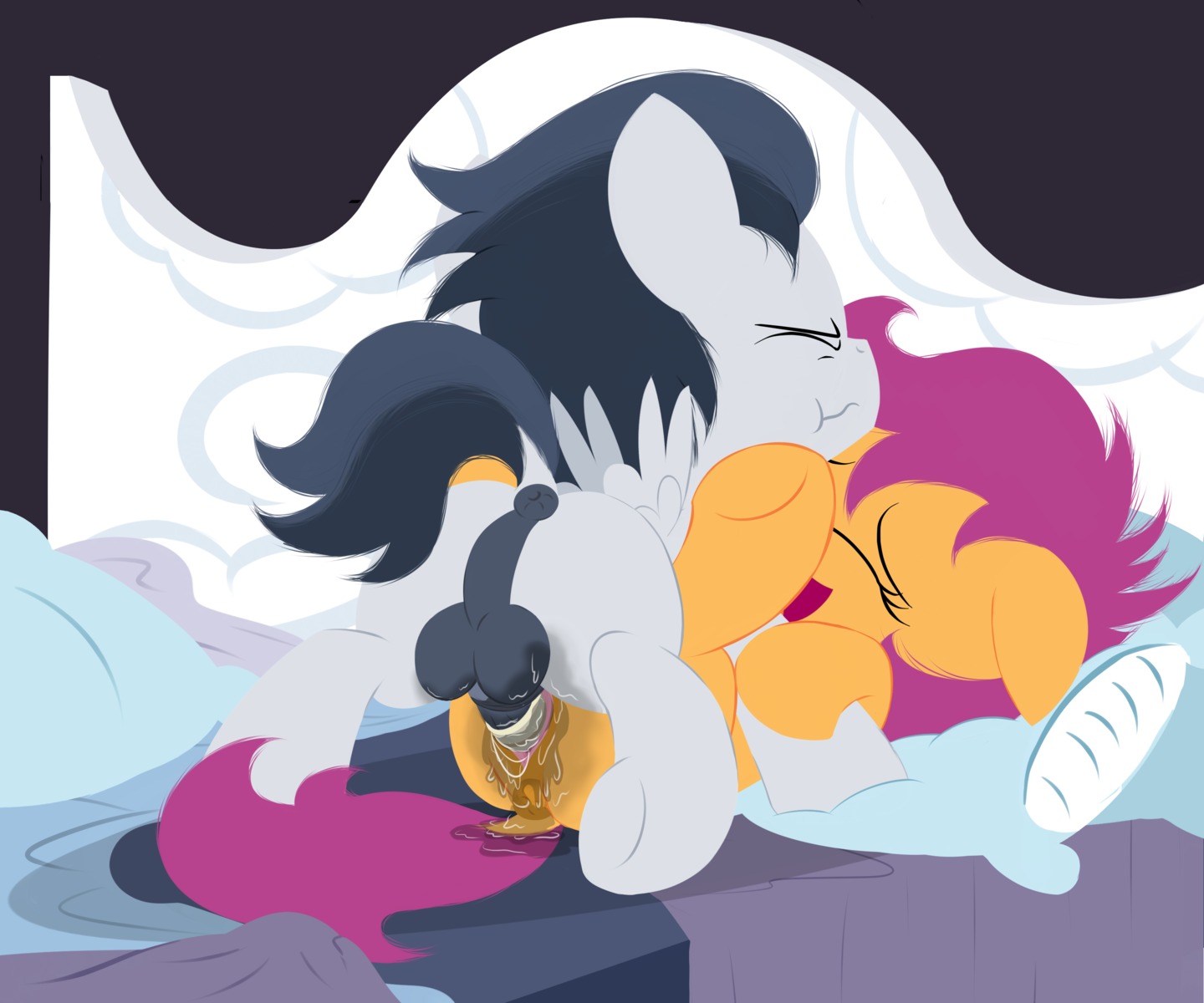 2013 6:5 absurd_res anus balls bed bodily_fluids condom dtcx97 duo e621 equid equine erection eyes_closed feathered_wings feathers female female_penetrated feral friendship_is_magic fur furniture genital_fluids genitals grey_body grey_feathers hair hasbro hi_res hooves horse legs_up lying male male/female male_penetrating male_penetrating_female mammal messy multicolored_hair my_little_pony mythological_creature mythological_equine mythology nude on_back open_mouth orange_body orange_fur pegasus penetration penile penile_penetration penis penis_in_vagina pillow pony purple_hair rumble_(mlp) safe_sex scootaloo_(mlp) sex sexual_barrier_device two_tone_hair vaginal vaginal_fluids vaginal_penetration vulva wearing_condom wings young young_feral young_on_young