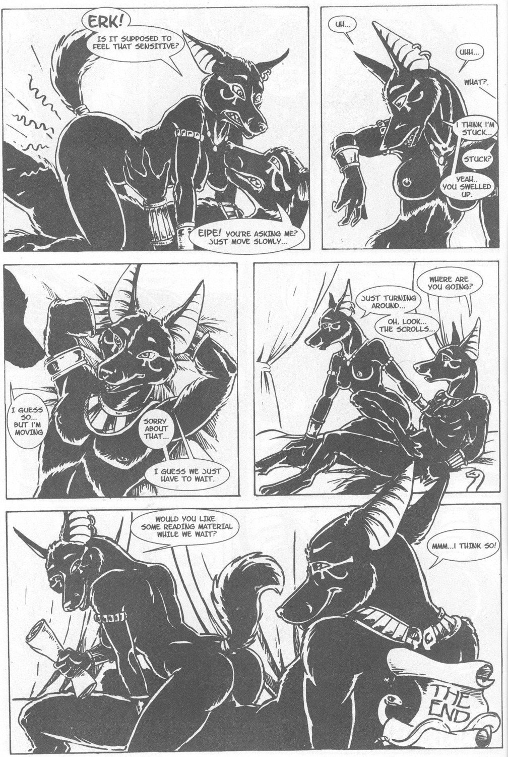 2000s_(media) anthro anthro_on_anthro anubian_jackal anubis_dark_desire apep_(caribou) bed bedroom black_and_white breasts canid canine canis comic dialogue duamutef duo e621 egyptian english_text erection female female_penetrated fur furniture genitals heather_bruton hi_res jackal khaybat knot knotting male male/female male_penetrating male_penetrating_female mammal monochrome penetration penile penile_penetration penis penis_in_vagina sex speech_bubble stuck stuck_genitals stuck_knot stuck_penis stuck_together tail text traditional_media_(artwork) vaginal vaginal_knotting vaginal_penetration