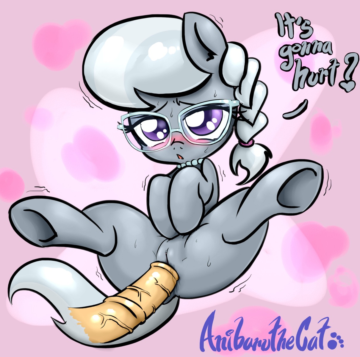 2014 anibaruthecat animal_genitalia animal_penis blush bodily_fluids dialogue digital_media_(artwork) disembodied_penis duo e621 earth_pony english_text equid equine equine_genitalia equine_penis erection eyewear female female_focus feral friendship_is_magic fur genitals glasses grey_body grey_fur hair hasbro hi_res hooves horse imminent_sex jewelry loli male male/female mammal my_little_pony necklace penis pony purple_eyes silver_spoon_(mlp) simple_background solo_focus spread_legs spreading sweat text vein vulva young young_feral