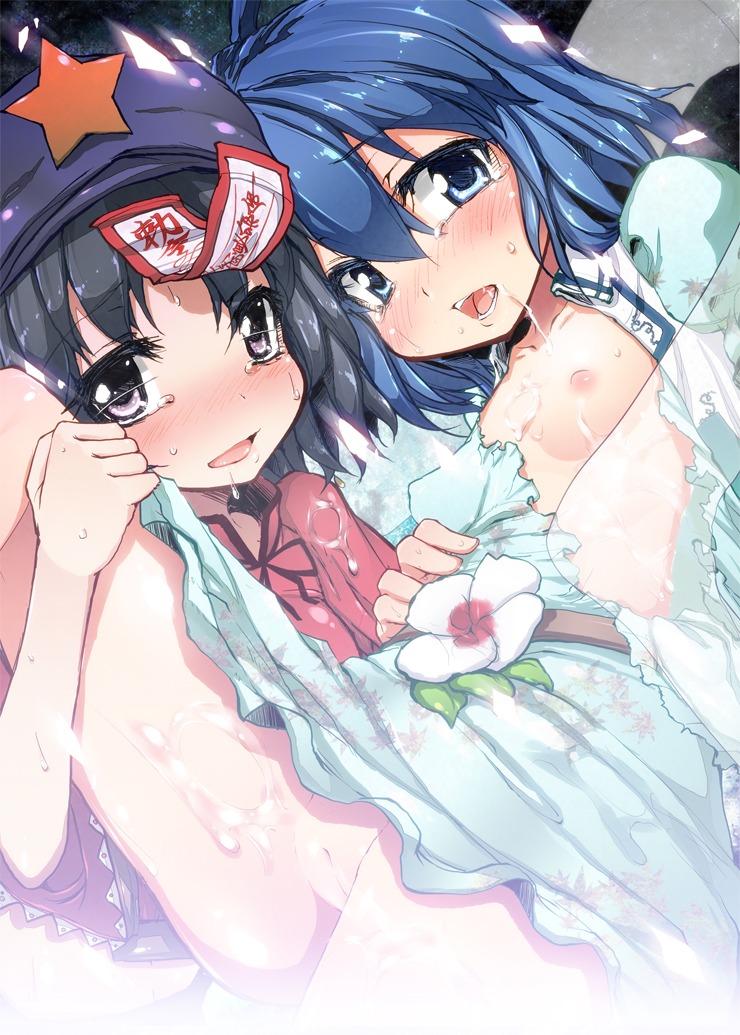 bare_legs black_eyes black_hair blue_eyes blush cum cum_on_body cum_on_lower_body female flat_chest flower hat jiangshi leg_lift multiple_females multiple_girls nipples no_panties oborozuki ofuda open_mouth pussy rougetsu_(eclipse) rule34 seiga_kaku short_hair sweat torn_clothes touhou yoshika_miyako