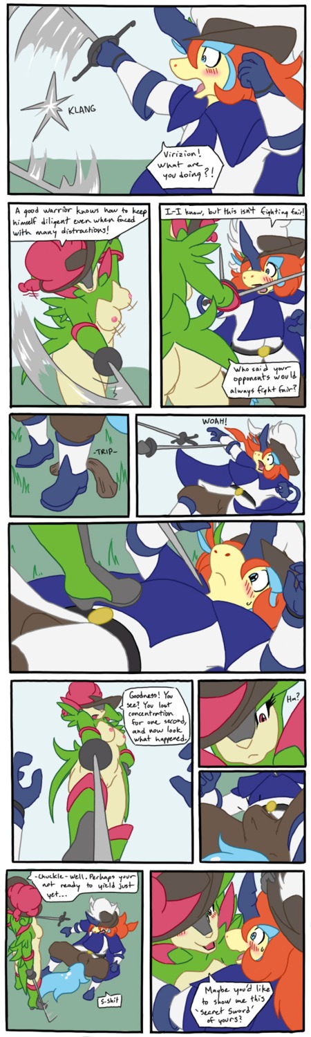 anthro anthrofied blush boots breasts clothed clothing comic duel duo e621 english_text equid erection female footwear generation_5_pokemon genitals gloves handwear hat headgear headwear hi_res keldeo keldeo_(resolute_form) legendary_pokemon male mammal melee_weapon nintendo nipples nude penis pokemon pokemon_(species) pokemorph rapier shoes sword text tripping virizion vulva weapon zerofox1000