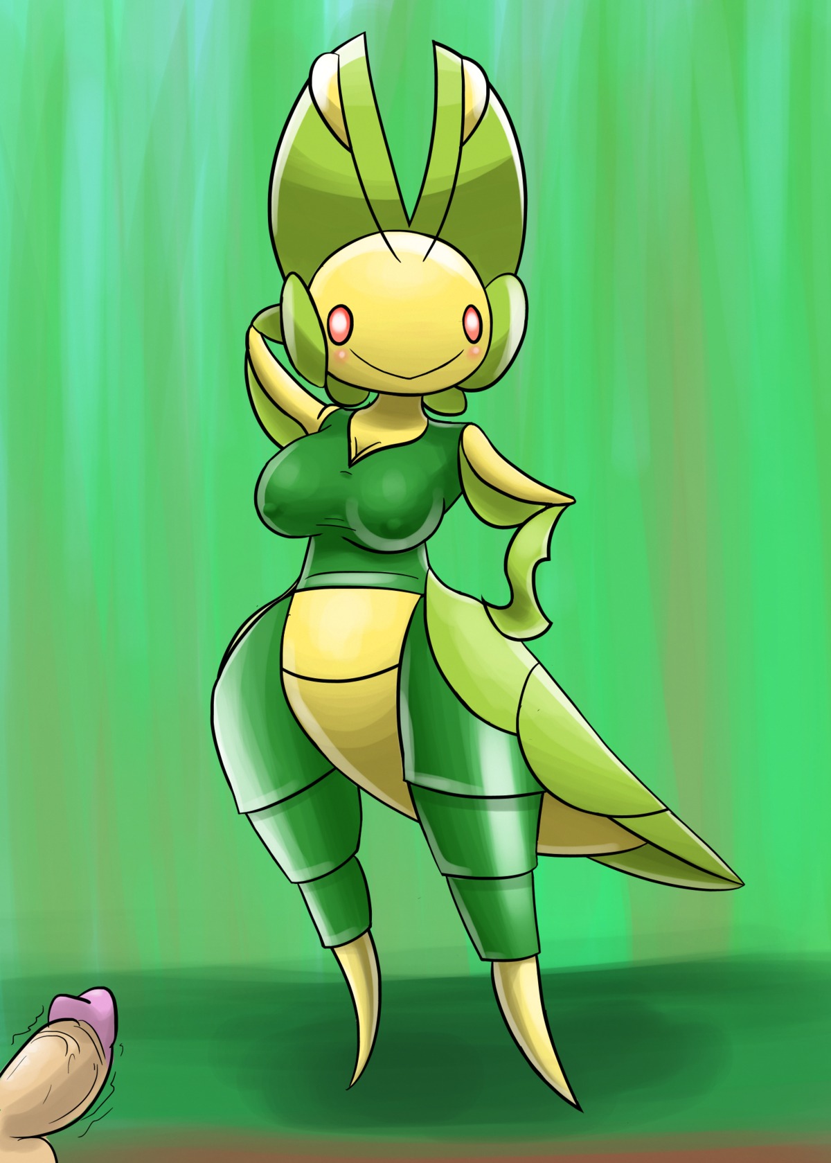 2013 anthro anthrofied blush bottomless breasts cleavage clothed clothing digital_media_(artwork) disembodied_penis duo e621 elemental_creature erection female flora_fauna generation_5_pokemon genitals glans hi_res human humanoid_genitalia humanoid_penis leavanny looking_at_viewer male mammal nintendo ole outside penis plant pokemon pokemon_(species) pokemorph pose smile solo_focus standing