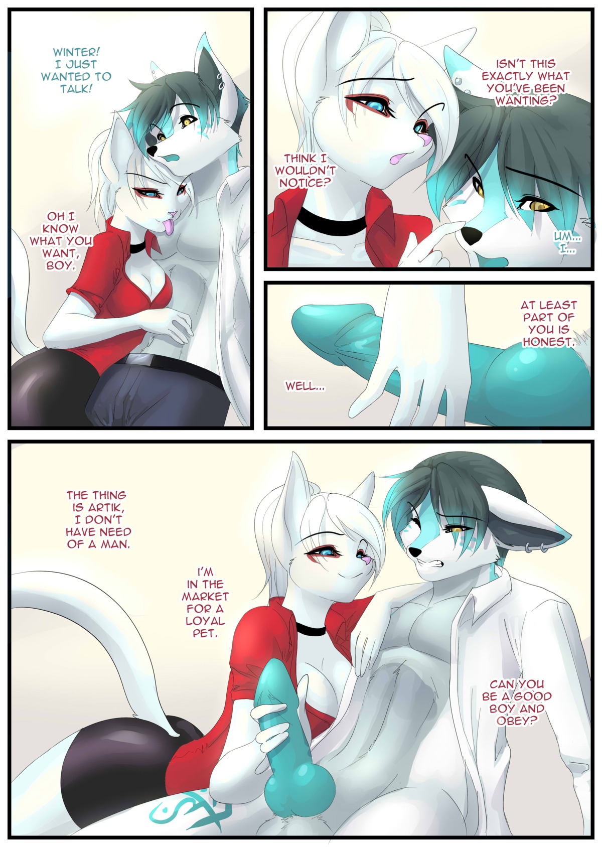 absurd_res anthro artik_ninetails bdsm canid canine canis collar comic dialogue domestic_cat dominant dominant_female dossun duo e621 english_text erection felid feline felis female genitals good_boy handjob hi_res knot male male/female mammal mistress open_mouth penile penis petplay roleplay sex slave speech_bubble submissive submissive_male tail teeth text tongue winter_night wolf