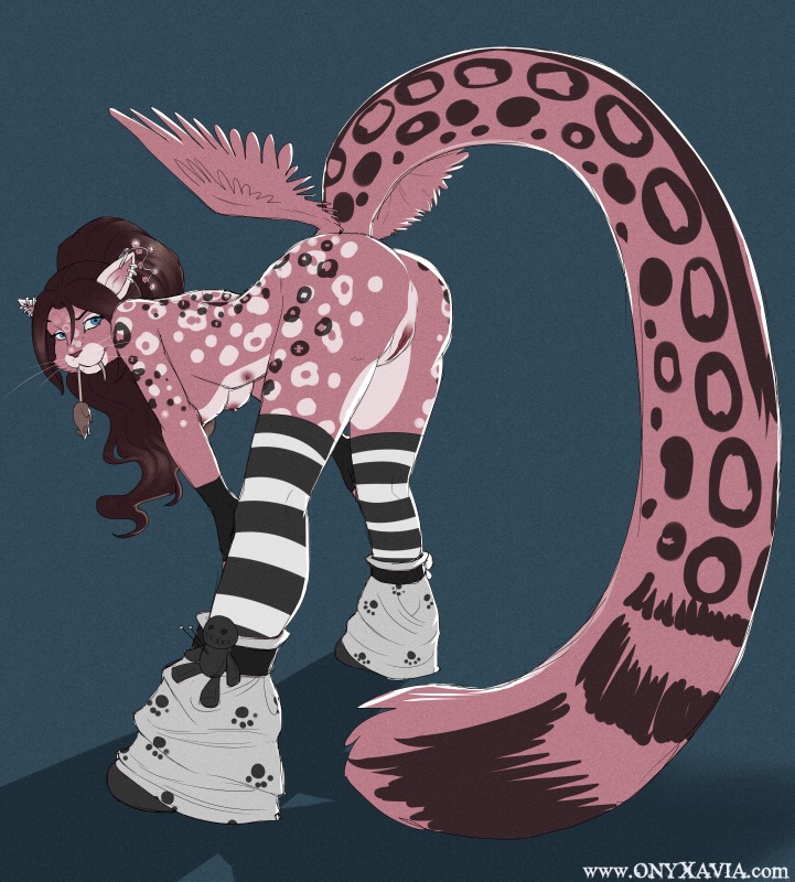 alternative_fashion anthro bent_over black_spots blue_eyes breasts butt butt_wings clothing digital_drawing_(artwork) digital_media_(artwork) e621 feathered_wings feathers felid female footwear genitals hair legwear leopard leopard_spots looking_at_viewer mammal mouse multi_nipple murid murine nipples nude onyxavia pantherine pattern_clothing pattern_footwear pattern_legwear presenting presenting_hindquarters rodent solo spots striped_clothing striped_footwear striped_legwear stripes tail text unusual_wing_placement url vulva whiskers white_spots wings