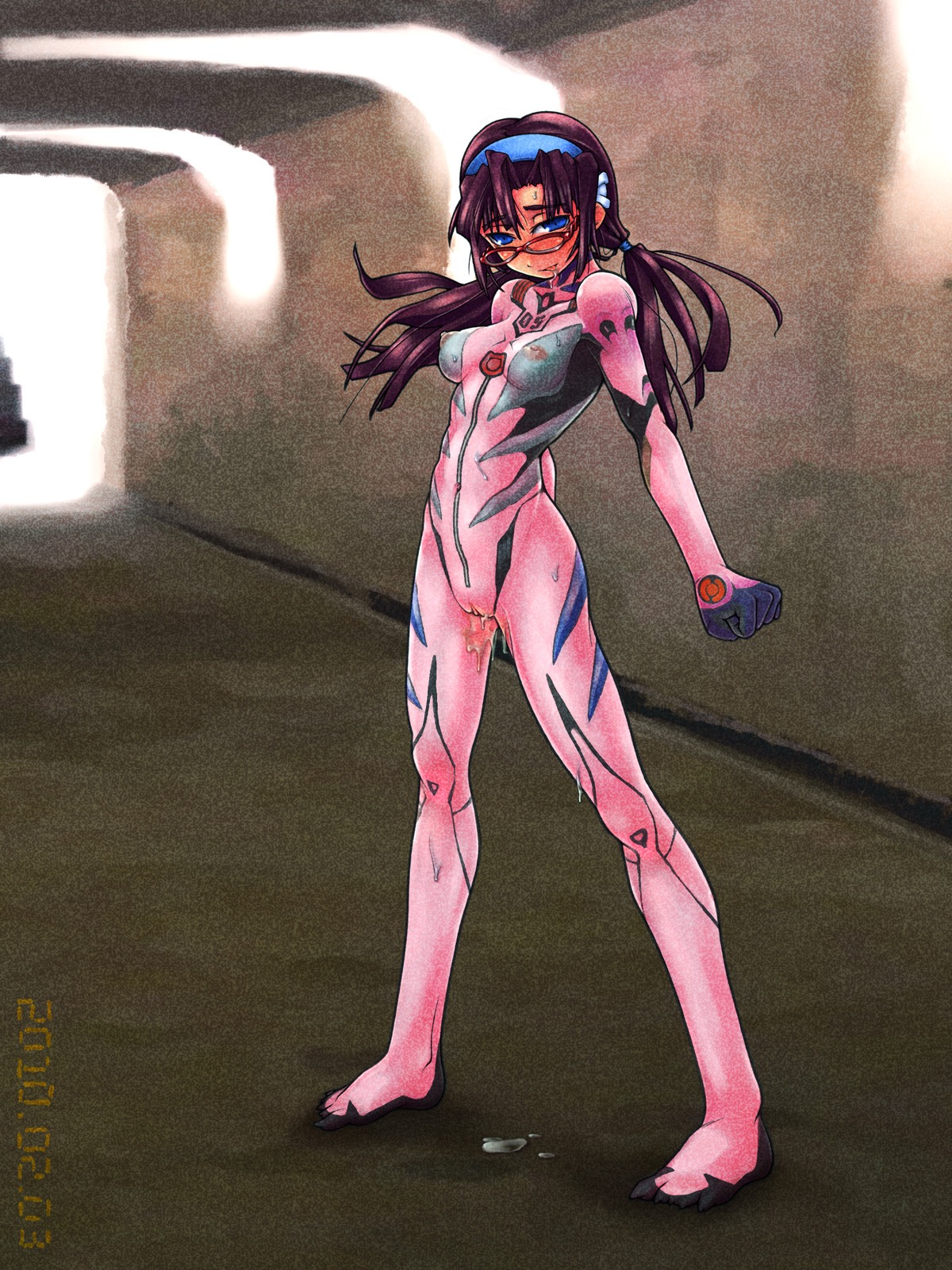 1girls bodysuit breasts brown_hair clothing erect_nipples erect_nipples_under_clothes female glasses human light-skinned_female light_skin long_hair mari_illustrious_makinami neon_genesis_evangelion nipples pilot_suit plugsuit pussy pussy_juice rebuild_of_evangelion rule34 small_breasts tagme
