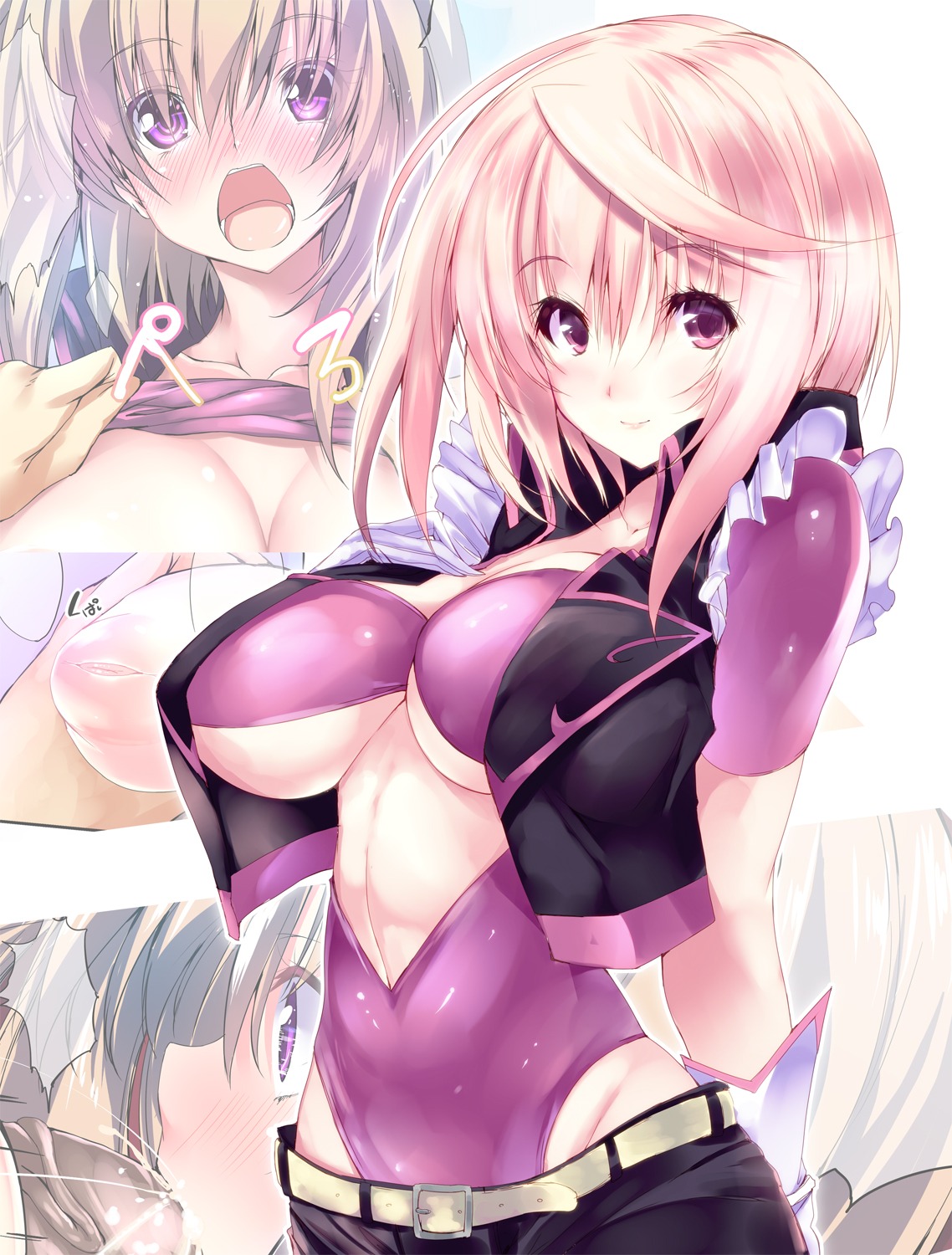 blush breasts cum cum_in_mouth fellatio female highres inverted_nipples large_breasts leotard long_hair multiple_females multiple_girls nipples noto_kurumi open_mouth oral original pink_eyes pink_hair rule34 short_hair slender smile