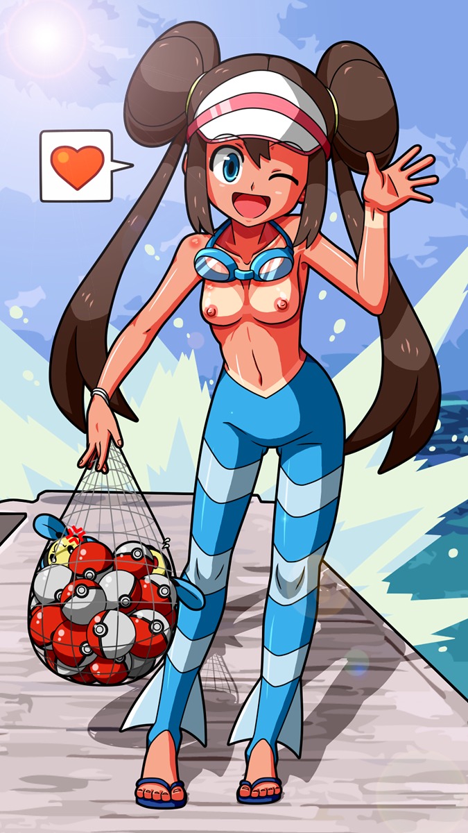 blue_eyes breasts brown_hair cosplay female female_only fishnet gym_leader_(cosplay) highres human marlon_(pokemon)_(cosplay) nipples poke_ball pokeball pokemon pokemon_bw2 rorretsim rosa_(pokemon) rule34 sandals shizui solo sunburn tan topless tympole