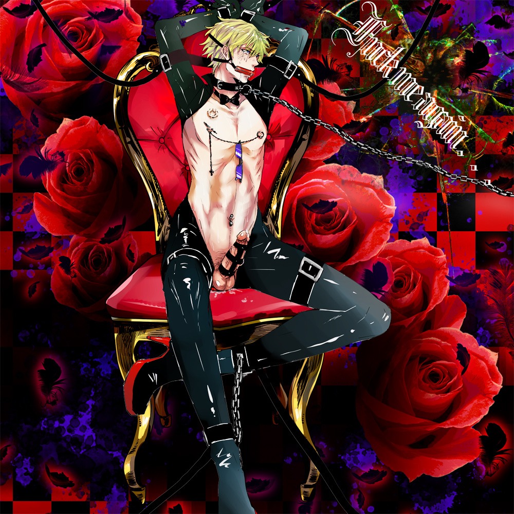 balls blonde_hair bondage bound_ankles bound_penis bound_wrists bow_tie bowtie checkered_background cock_and_ball_torture cock_and_balls_torture collar color durarara!! elbow_gloves erection eyewear fetish fetish_wear gag gloves hair heiwajima_shizuo human leash leather male male_only male_ryona navel_piercing navel_ring nipple_ring nipple_rings nipples opera_gloves penis piercing rule34 slave solo source_request sunglasses tear torture