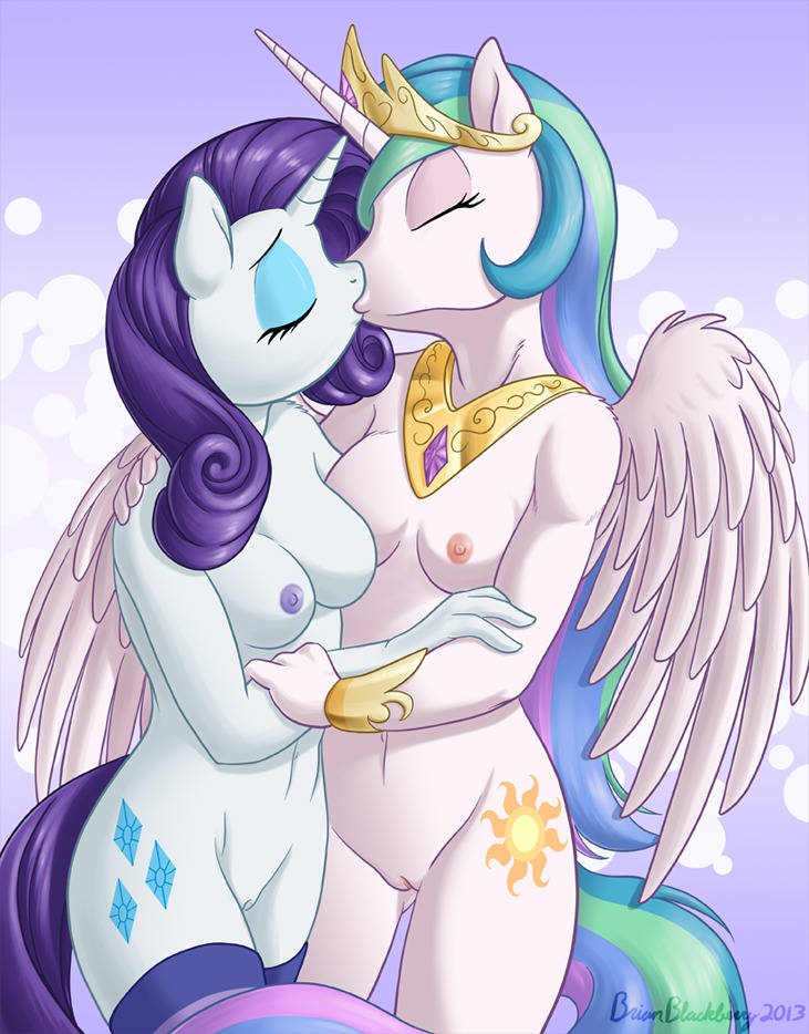 2013 anthro anthrofied biped blue_eyeshadow breast_squish breasts breasts_frottage brian_mcpherson cleavage clothed clothing crown cutie_mark digital_media_(artwork) duo e621 equid equine eyebrows eyelashes eyes_closed eyeshadow feathered_wings feathers female female/female friendship_is_magic fur genitals hair hand_behind_back hasbro headgear horn jewelry kiss_on_lips kissing legwear makeup mammal multicolored_hair my_little_pony mythological_creature mythological_equine mythology navel nipples princess_celestia_(mlp) purple_hair rarity_(mlp) signature squish thigh_highs unicorn vulva white_body white_fur winged_unicorn wings