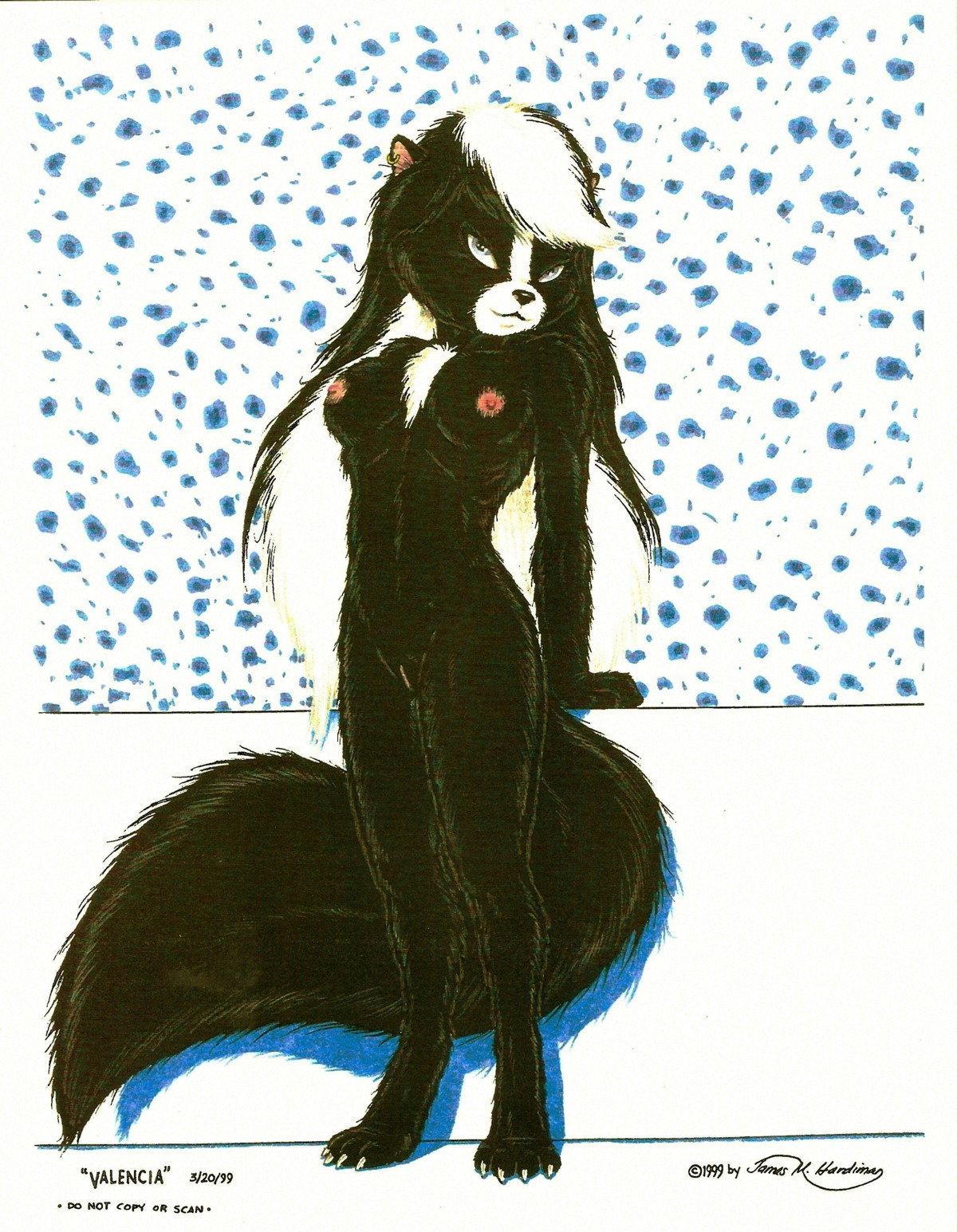 1999 4_toes absurd_res anthro biped black_body black_fur breasts claws e621 feet female fur genitals hair hi_res james_m_hardiman looking_at_viewer mammal mature_anthro mature_female mephitid nipples nude simple_background skunk solo standing tail toes valencia_(jmh) vulva white_background white_hair