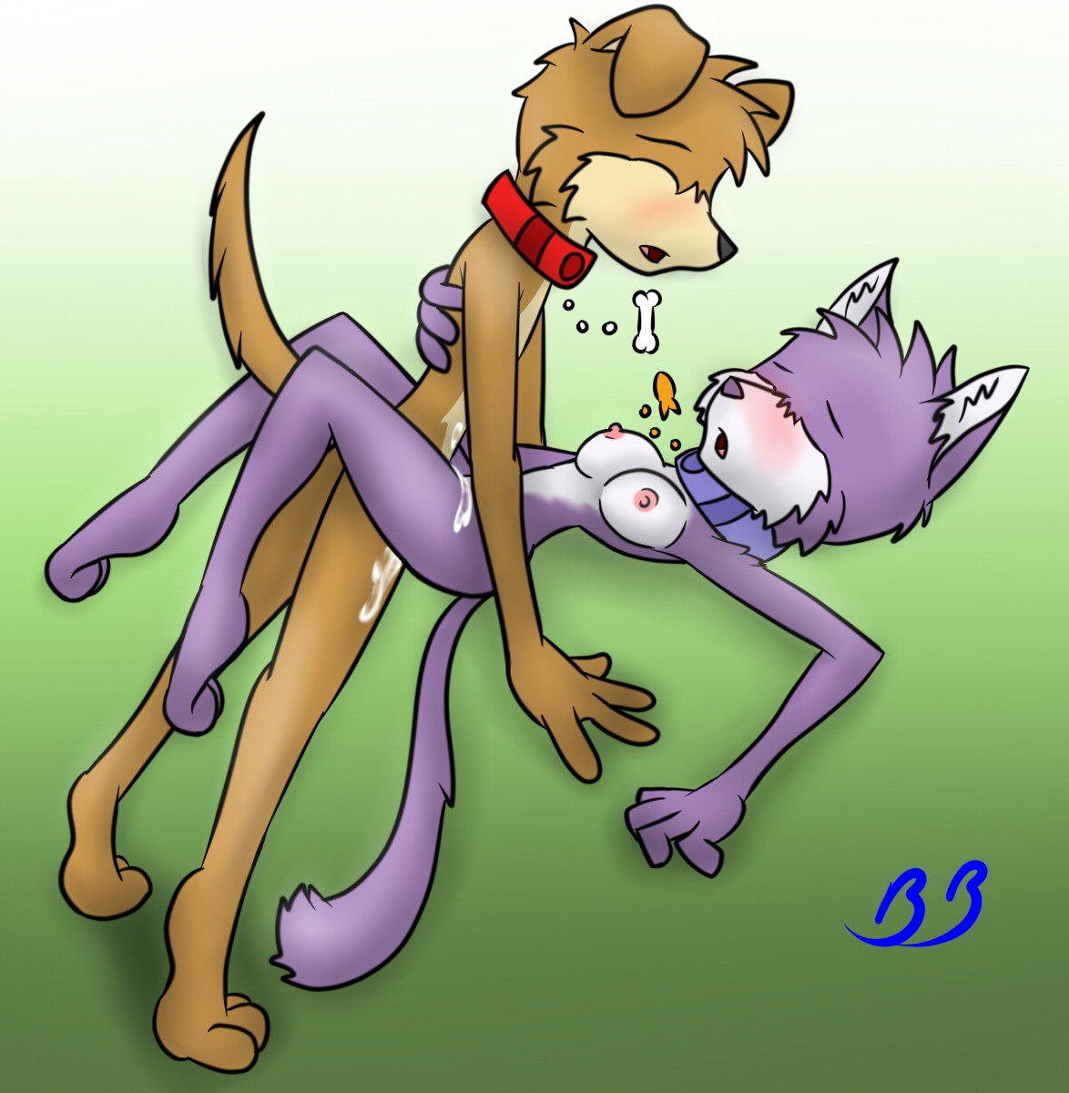 anthro anthro_on_anthro blush bodily_fluids breasts canid canine canis collar cum cum_inside domestic_cat domestic_dog duo e621 felid feline felis female female_penetrated genital_fluids grape_jelly_(housepets!) hi_res housepets! interspecies lying male male/female male_penetrating male_penetrating_female mammal nipples nude on_back peanut_butter_(housepets!) penetration penile penile_penetration penis_in_vagina sex tail thebb toony vaginal vaginal_penetration