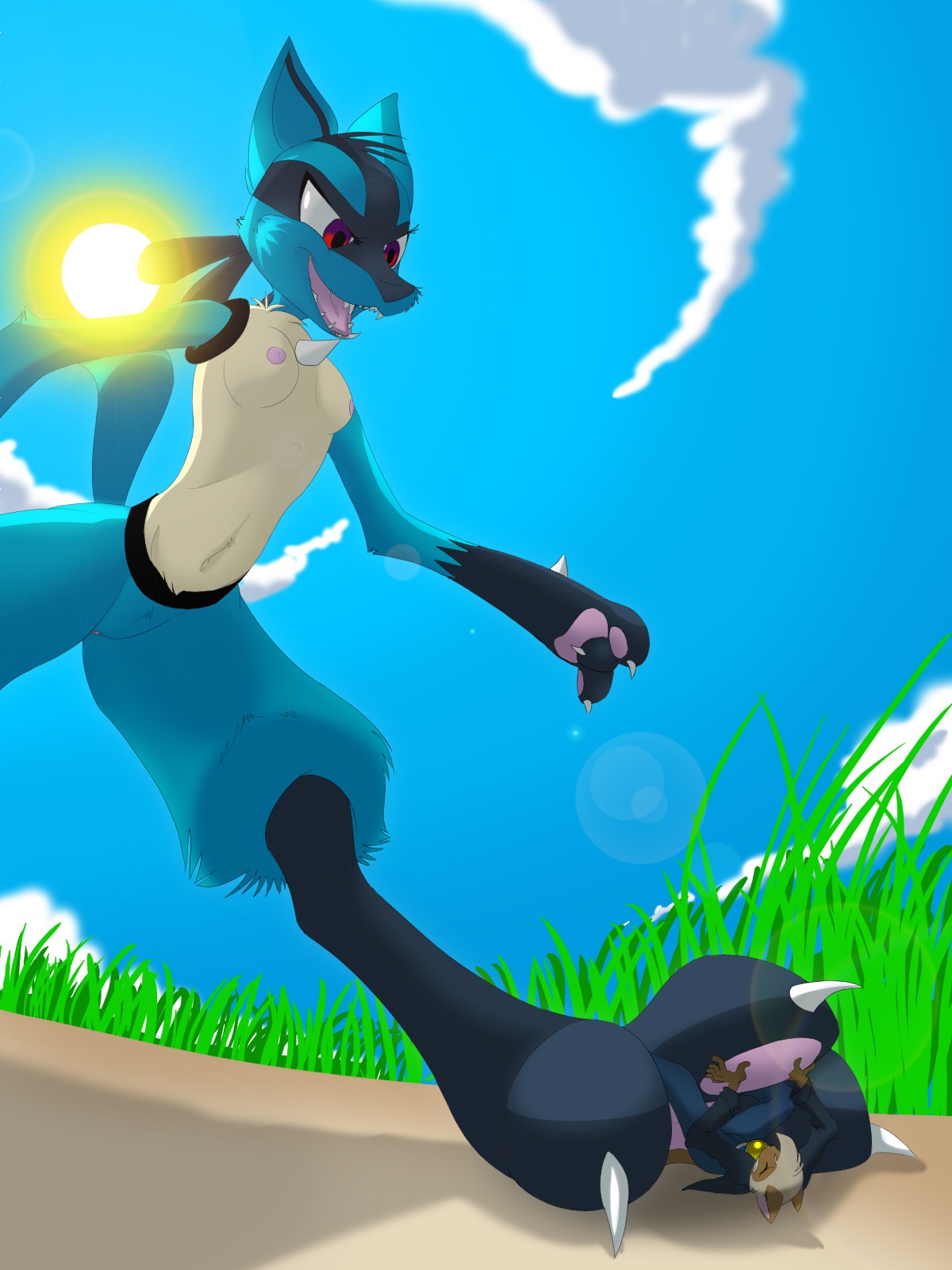 2011 3:4 3_toes anthro anthrofied black_body black_fur blue_body blue_fur breasts canid canine cloud colored digital_drawing_(artwork) digital_media_(artwork) duo e621 extreme_size_difference eyeofcalamity feet female fur generation_4_pokemon genitals grass hi_res larger_anthro lucario mammal micro nintendo nipples outside paws plant pokemon pokemon_(species) pokemorph shaded sift_(character) size_difference sky smaller_anthro stepped_on stomping tail toes vulva yellow_body yellow_fur