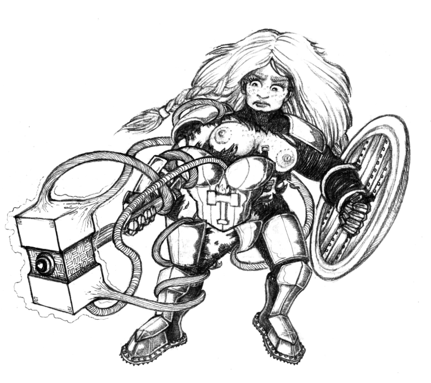 1girls areolae armor breasts dungeons_and_dragons dwarf female female_only hammer monochrome nipples rule34 shield solo solo_female tagme wonderelagon