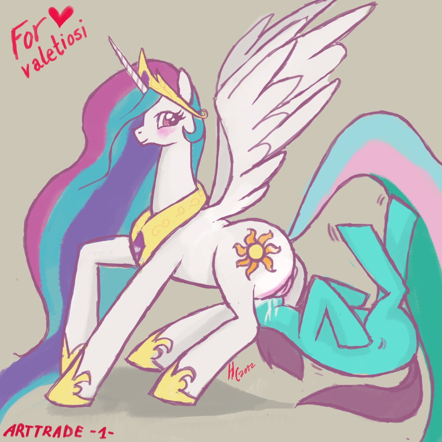 1:1 2012 absurd_res anus cutie_mark dracoalexstraza duo e621 equid equine feathered_wings feathers female feral friendship_is_magic genitals hasbro hi_res horn mammal my_little_pony mythological_creature mythological_equine mythology princess princess_celestia_(mlp) quadruped royalty tail vulva winged_unicorn wings