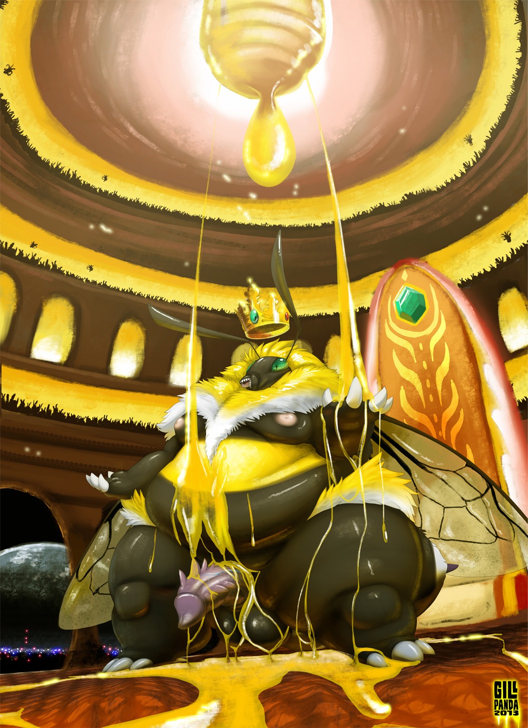 2013 antennae_(anatomy) anthro arthropod arthropod_abdomen balls bee big_balls big_penis black_body chair claws crown e621 erection food furniture genitals gillpanda gold_(metal) green_eyes headgear hi_res honey_(food) huge_hips hymenopteran insect insect_wings king male moobs nipples nude open_mouth overweight overweight_anthro overweight_male penis royalty solo stinger throne tongue vein what wide_hips wings