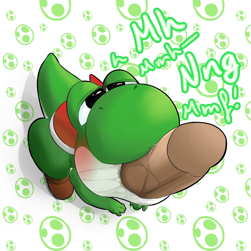1:1 ambiguous_gender black_eyes bodily_fluids dinosaur disembodied_penis drooling duo e621 erection fellatio feral genitals green_yoshi half-closed_eyes humanoid_genitalia humanoid_penis large_penetration looking_up male mario_bros narrowed_eyes nintendo oral oral_penetration pattern_background penetration penile penis prehistoric_species reptile saliva scalie sex shiroisora simple_background standing yoshi