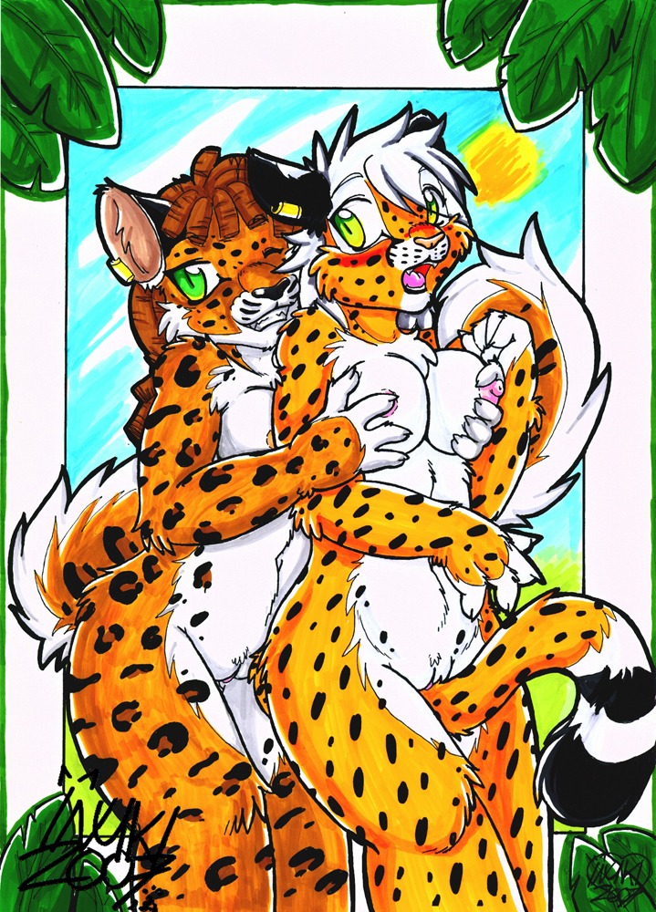 2007 anthro breast_fondling breast_grab breast_squeeze breasts brown_hair cheetah chest_tuft claws clitoris couple feline female fondling from_behind fur furry green_eyes grope hair hug inuki leopard long_hair pounce pubic_tuft pussy rule34 short_hair spots standing tail tail_sex white_hair yuri