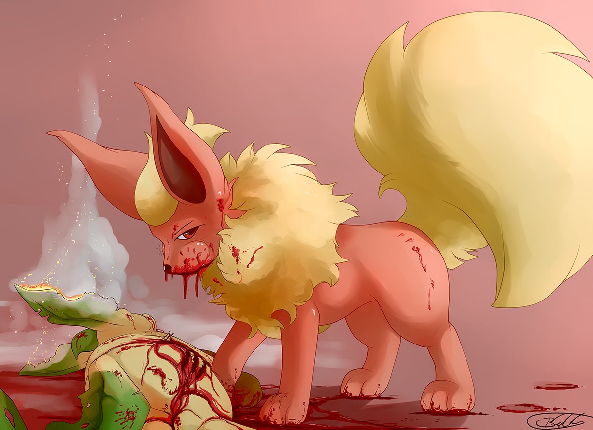 ambiguous_gender blackfury blood blood_on_face bodily_fluids burning death duo e621 eeveelution feral flareon footprint generation_1_pokemon generation_4_pokemon gore grotesque_death hard_vore leaf leaf_tail leafeon nintendo pawprint paws pokemon pokemon_(species) smoke tail vore