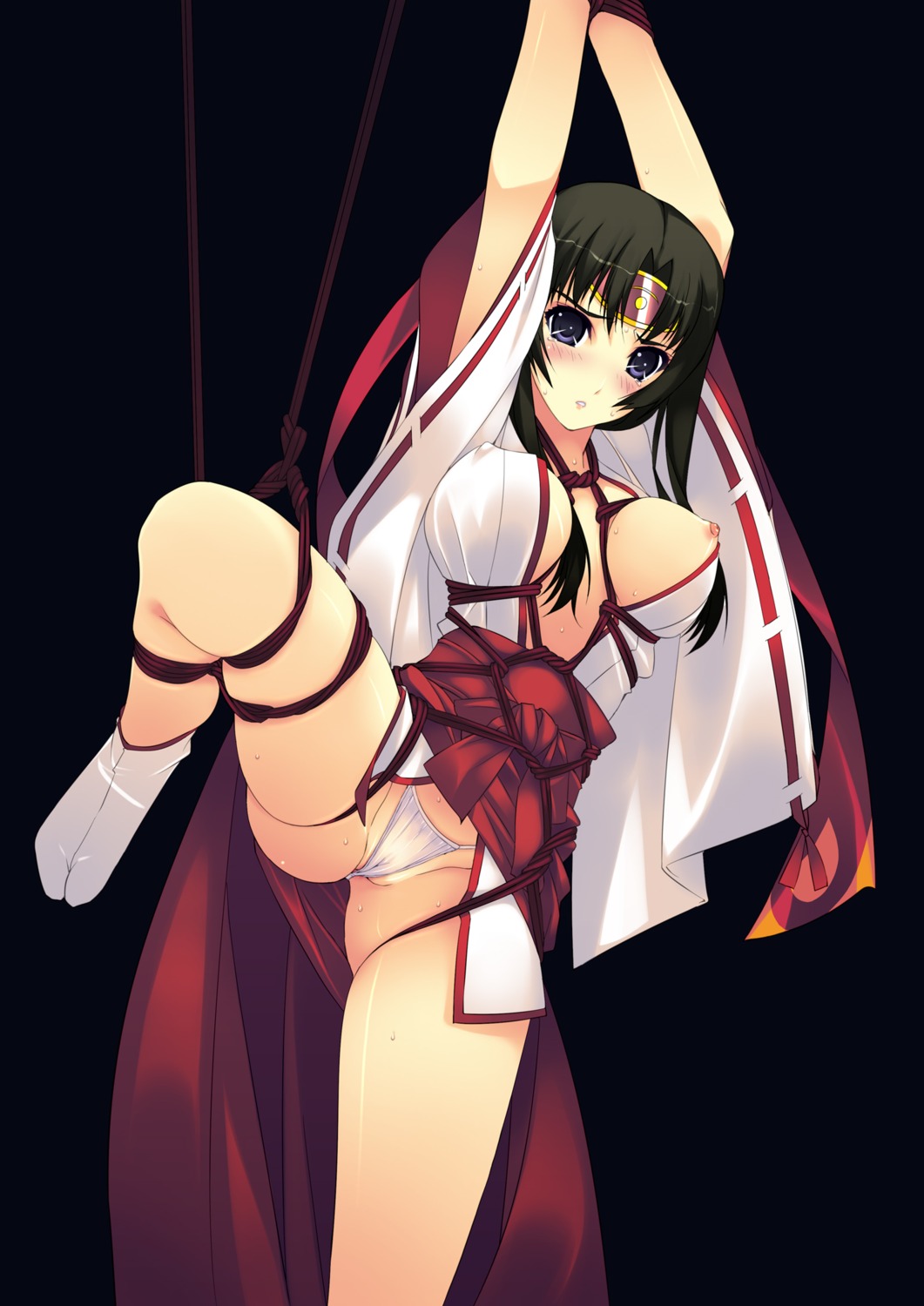 black_hair blue_eyes blush bondage breasts erect_nipples female female_only hakama highres japanese_clothes large_breasts leg_up long_hair miko murakami_suigun nipples panties queen's_blade rope rule34 solo sweat tabi tomoe underwear white_panties