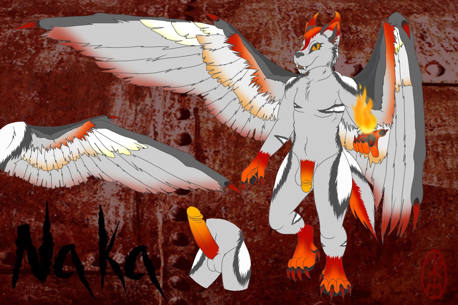 3:2 angelic big_penis canid canine canis claws demon demonic e621 erection feathered_wings feathers fire flat_colors fur genitals horn hybrid katekawetha male mammal model_sheet naka open_mouth penis solo toe_claws wings wolf