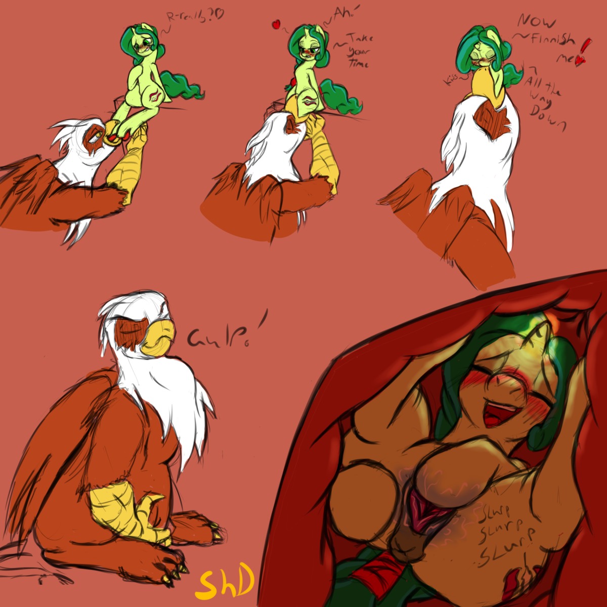 1:1 3_toes 4_fingers absurd_res anus aroused avian beak blush brown_background brown_body brown_feathers claws colored_sketch comic dialogue digital_media_(artwork) duo e621 english_text equid equine eyes_closed fan_character feathered_wings feathers feet female female_penetrating female_penetrating_male female_prey feral feral_pred feral_prey finger_claws fingers genitals gryphon hasbro heart_symbol hi_res horse kissing male male/female male_penetrated male_pred mammal masturbating_prey masturbation masturbation_inside_body masturbation_inside_stomach multicolored_body multicolored_feathers my_little_pony mythological_avian mythological_creature mythology onomatopoeia open_beak open_mouth open_smile oral oral_penetration oral_vore penetration pony red_tongue scuted_arms scutes sex shdingo signature simple_background sketch smile soft_vore sound_effects swallowing text toe_claws toes tongue tongue_out vaginal vaginal_masturbation vore vulva white_body white_feathers willing_prey wings yellow_beak yellow_claws