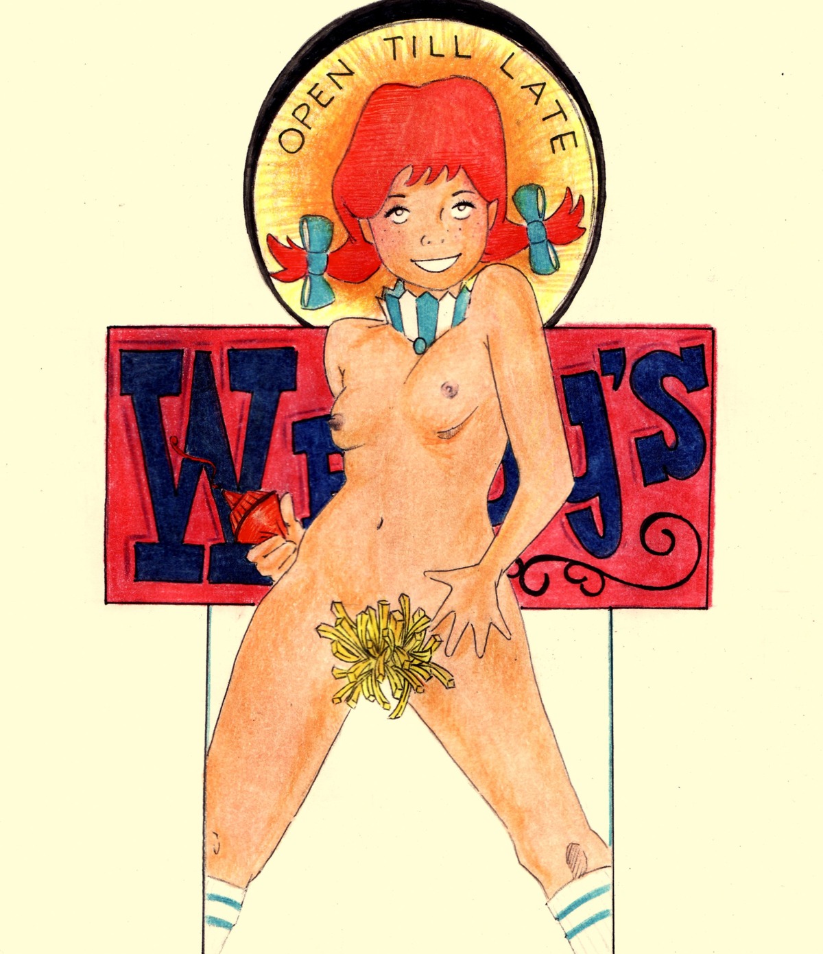 areolae breasts colored_pencil_(artwork) female female_only fries ketchup mascot nipples red_hair rule34 wendy's wendy_thomas