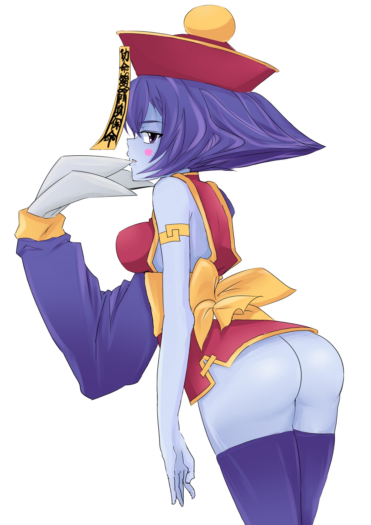 asameshi ass blue_skin blush breasts clothing darkstalkers female highres hsien_ko jiangshi lei-lei lei_lei monster_girl no_panties rule34 small_breasts stockings straight_hair thighhighs