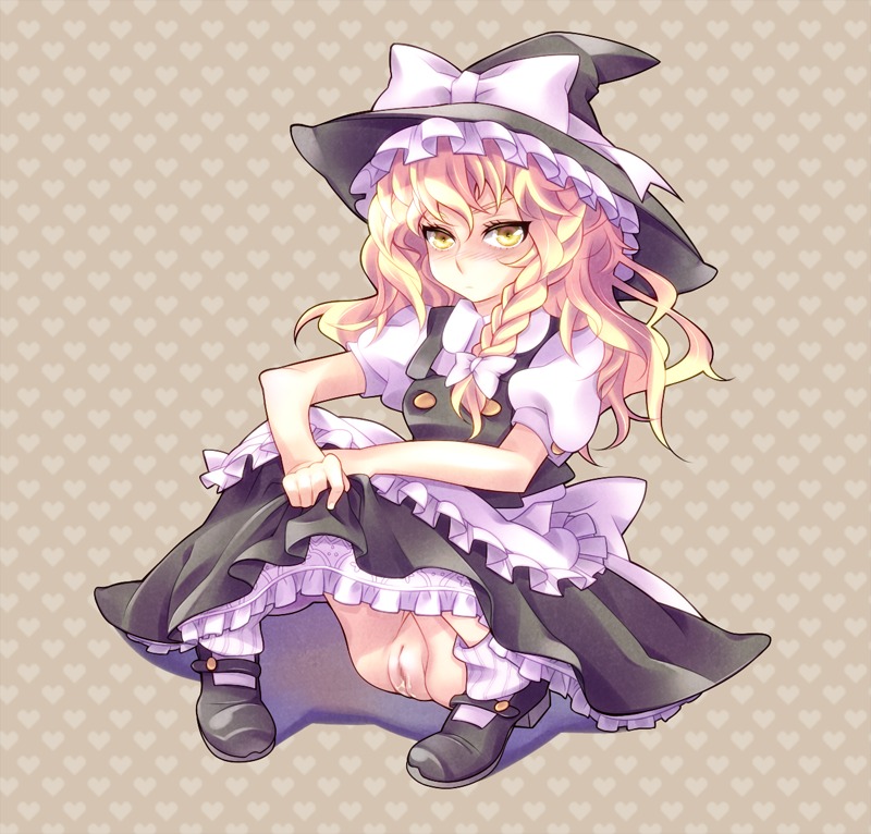 blonde_hair blush braid female hat human long_hair marisa_kirisame mary_janes mochi_chocolat no_panties pussy rule34 shoes sitting solo touhou uncensored witch_hat yellow_eyes