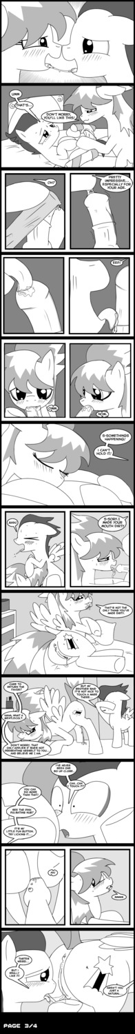 absurd_res age_difference anus bed black_and_white blush bodily_fluids butt clitoral_winking clitoris cloud_chaser_(mlp) comic cum cum_in_mouth cum_inside cunnilingus cutie_mark dialogue duo e621 english_text equid equine erection feathered_wings feathers fellatio female feral friendship_is_magic furniture genital_fluids genitals hasbro hi_res larger_female licking long_image male male/female mammal monochrome my_little_pony mythological_creature mythological_equine mythology oral pegasus penile penis precum presenting quadruped rumble_(mlp) saliva sex size_difference smaller_male sweat tail tall_image text tiarawhy tongue tongue_out vaginal vaginal_fluids vulva wet wings young young_feral