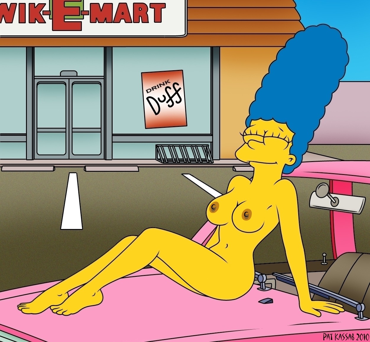 accurate_art_style breasts car color female female_only human kwik-e-mart marge_simpson nipples nude pat_kassab rule34 side_view sitting solo tagme the_simpsons